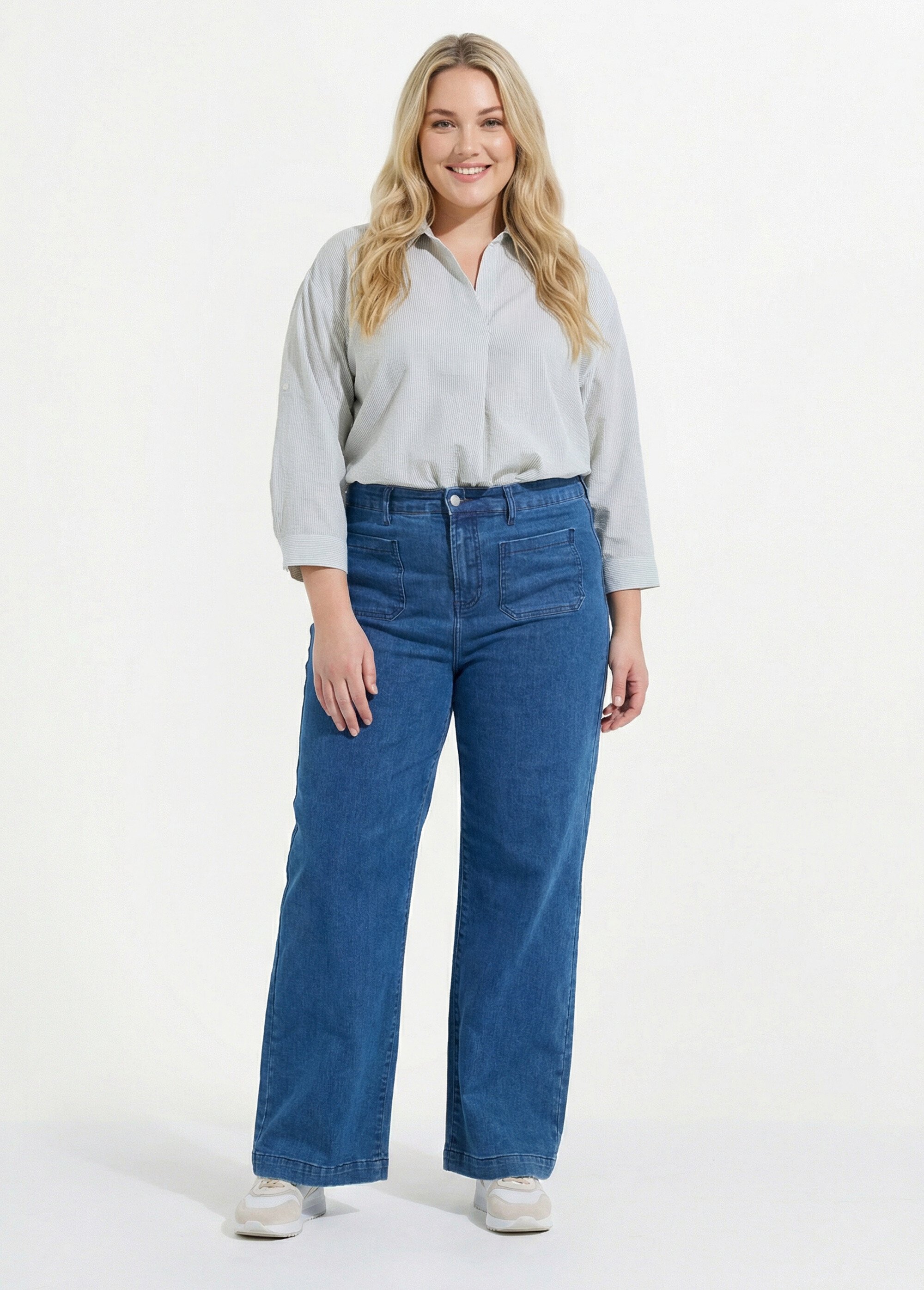 Blouse col V en seersucker fines rayures Femme Grande Taille Vert CHY-AC01 SF1