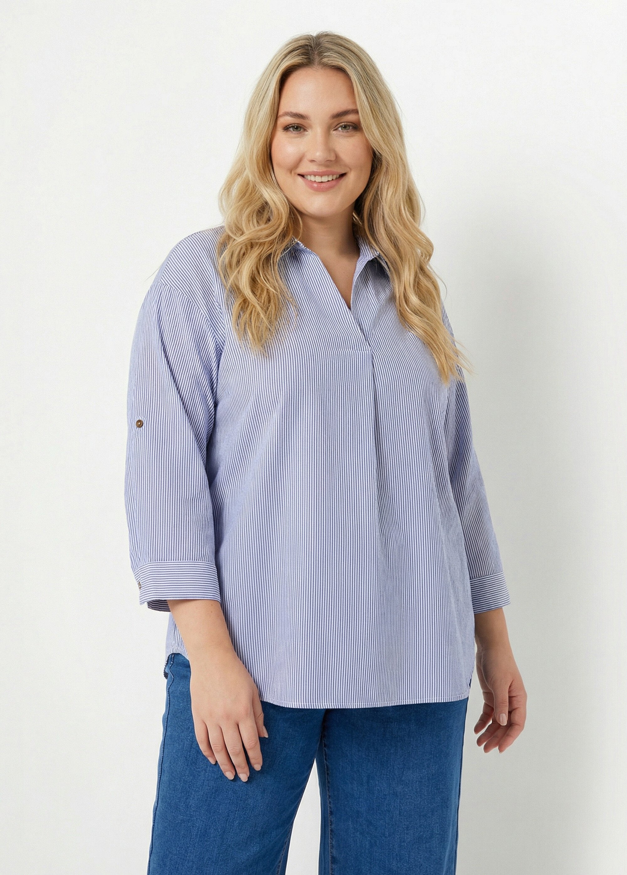 Blouse col V en seersucker fines rayures Femme Grande Taille Bleu CHY-AC01 FA1