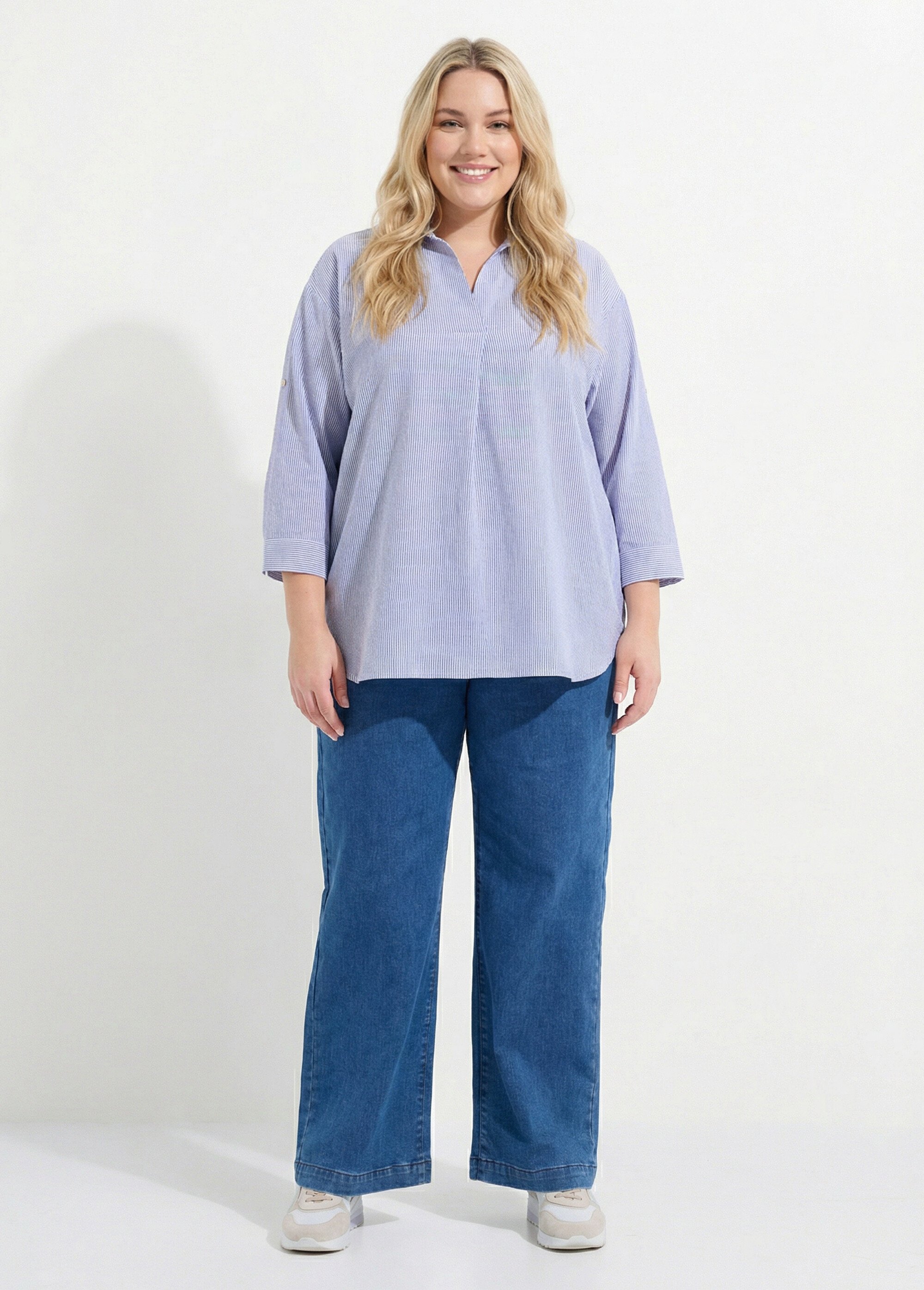 Blouse col V en seersucker fines rayures Femme Grande Taille Bleu CHY-AC01 SF1