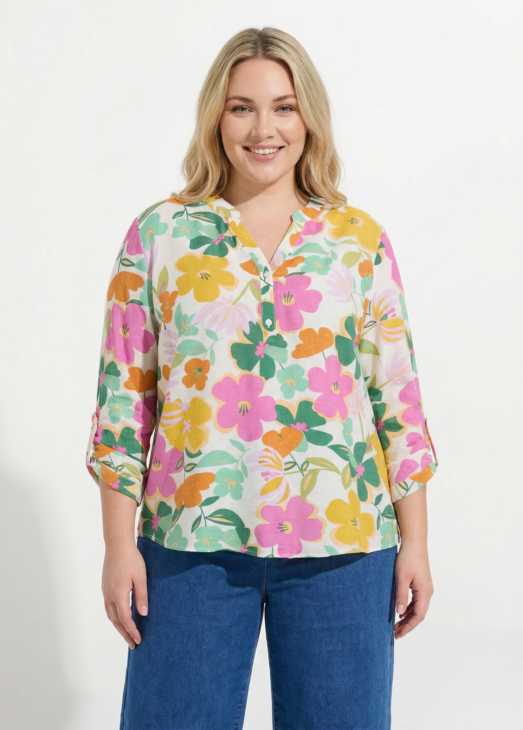 Blouse encolure V motif fleuri vif Femme Grande Taille Beige CHY-F616 FA1