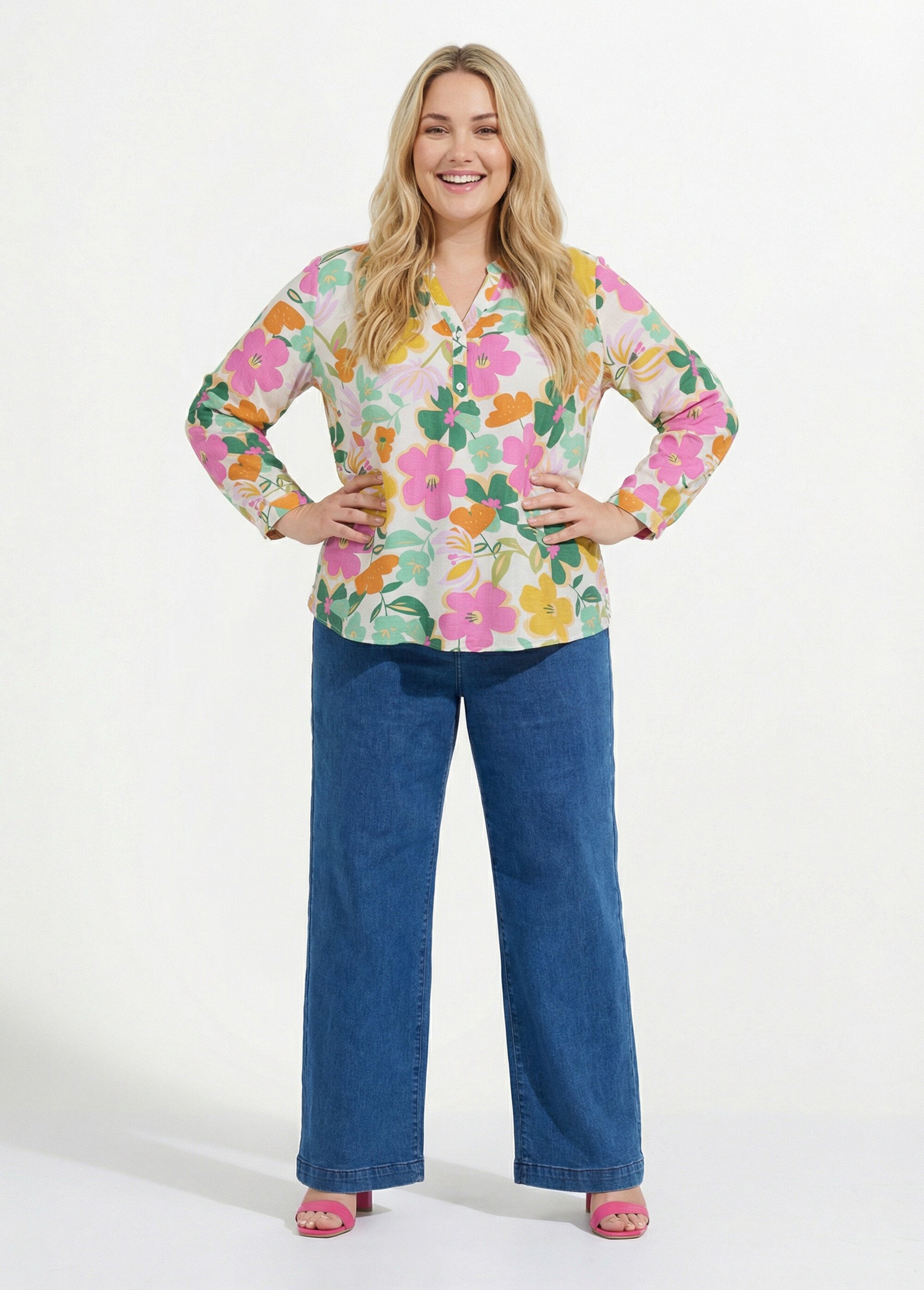 Blouse encolure V motif fleuri vif Femme Grande Taille Beige CHY-F616 SI1