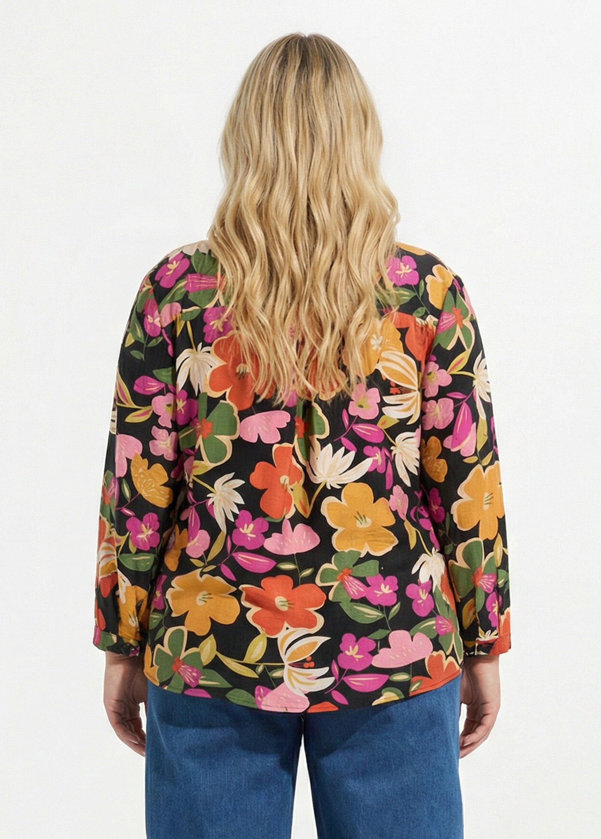 Blouse encolure V motif fleuri vif Femme Grande Taille Noir CHY-F616 DO1