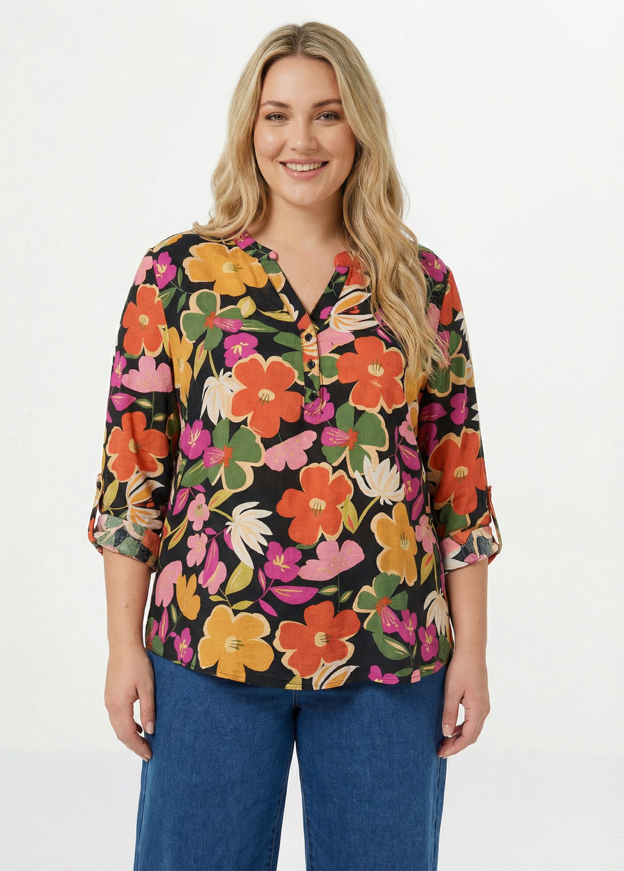 Blouse encolure V motif fleuri vif Femme Grande Taille Noir CHY-F616 FA1