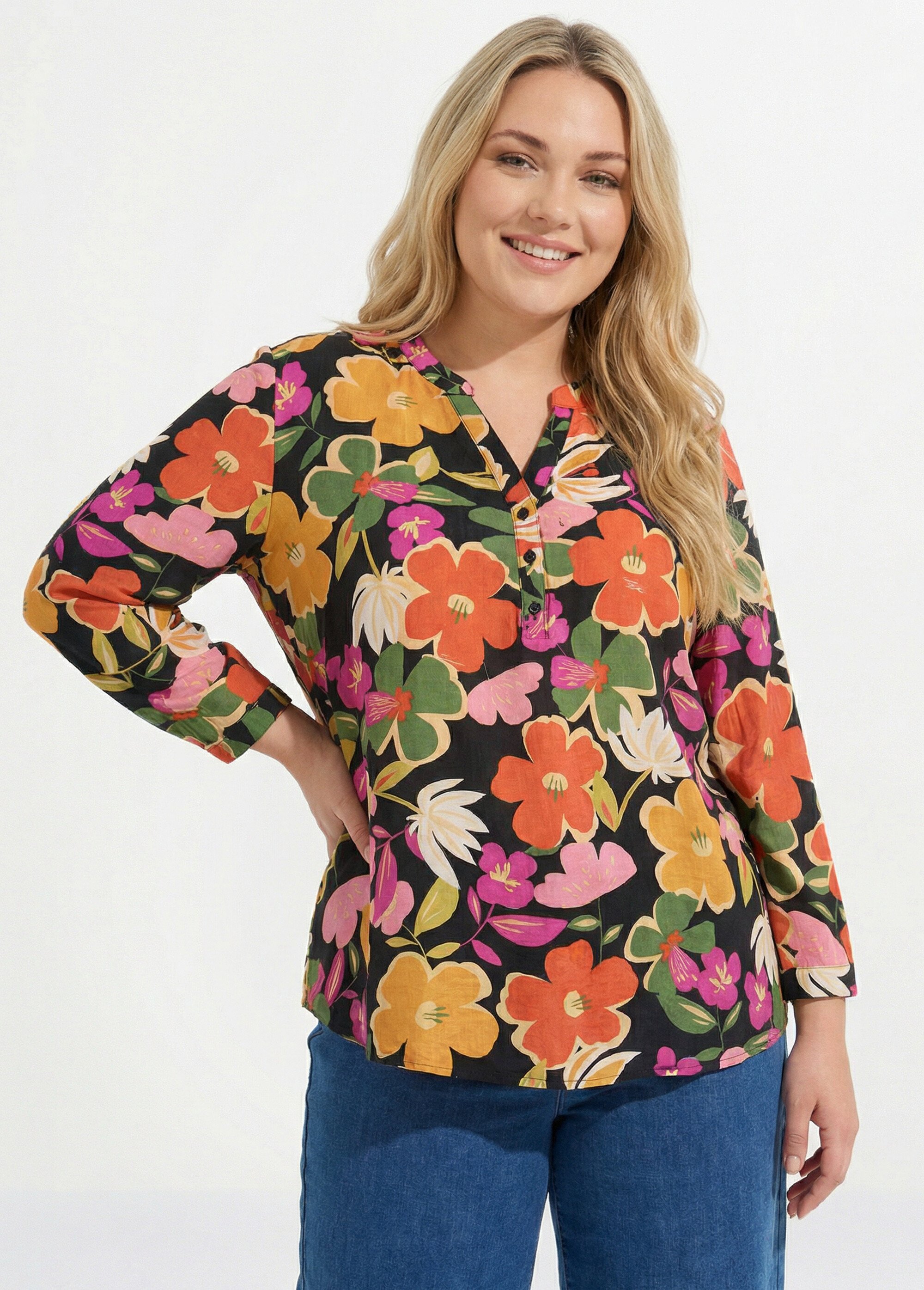 Blouse encolure V motif fleuri vif