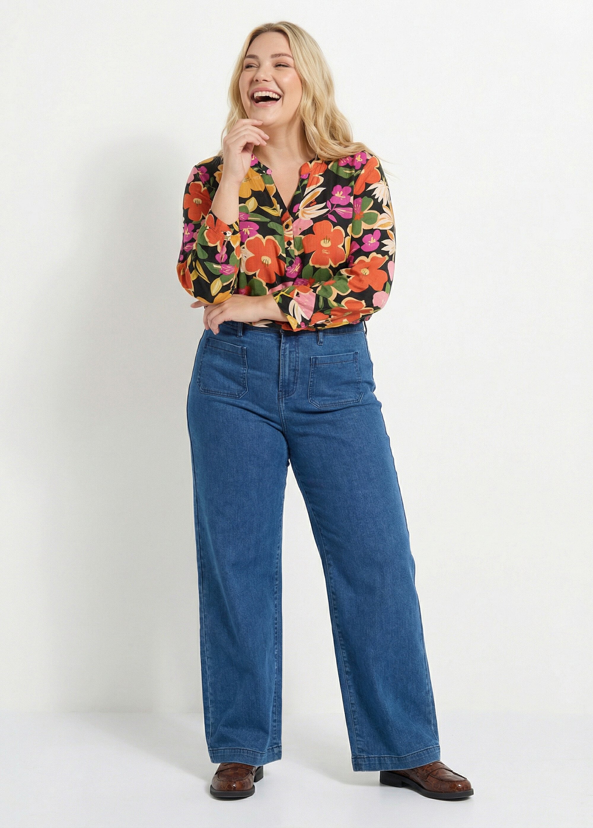 Blouse encolure V motif fleuri vif Femme Grande Taille Noir CHY-F616 SI1