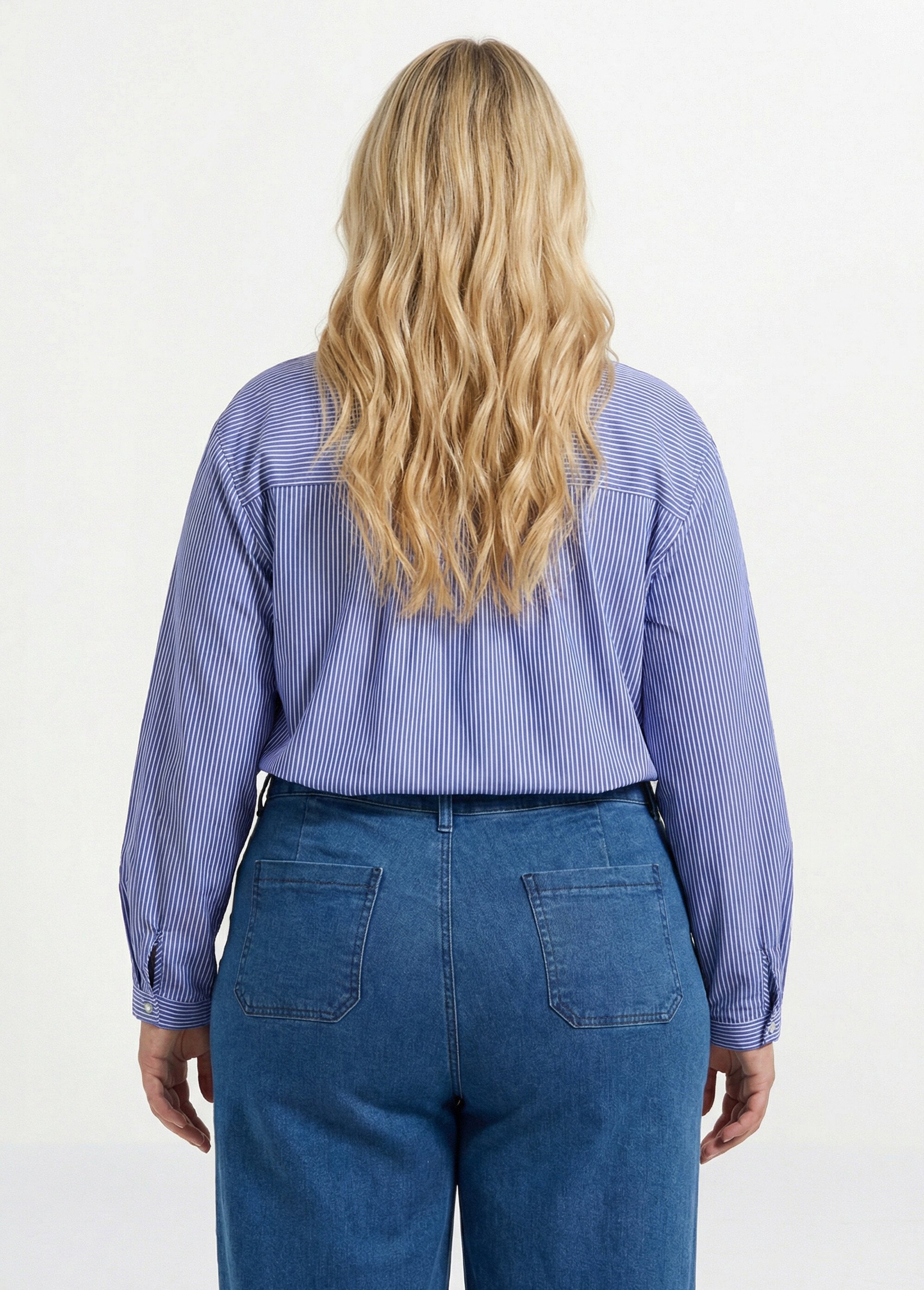 Blouse fines rayures avec col plissé Femme Grande Taille Bleu CHY-F668 DO1