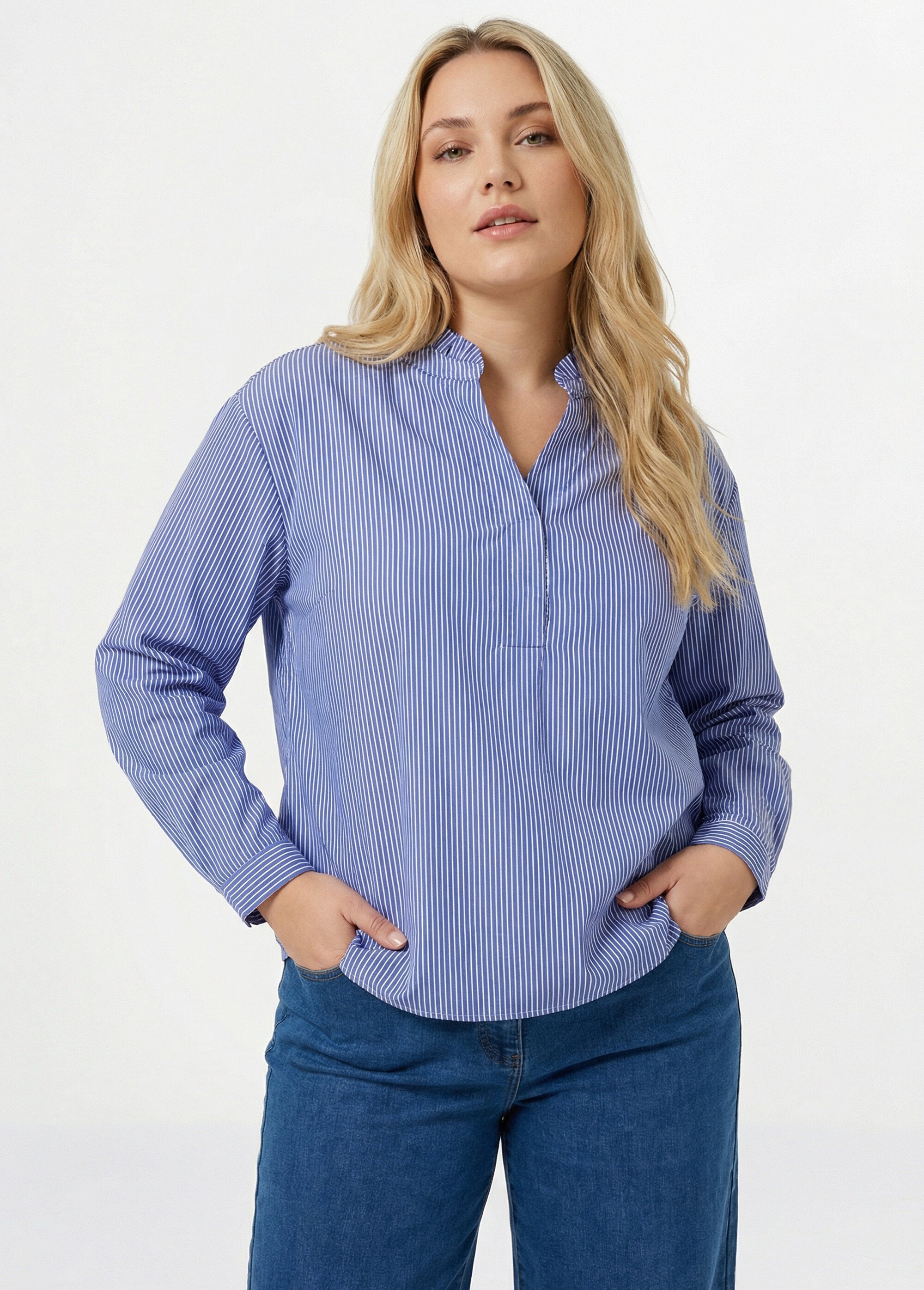 Blouse fines rayures avec col plissé Femme Grande Taille Bleu CHY-F668 MV1