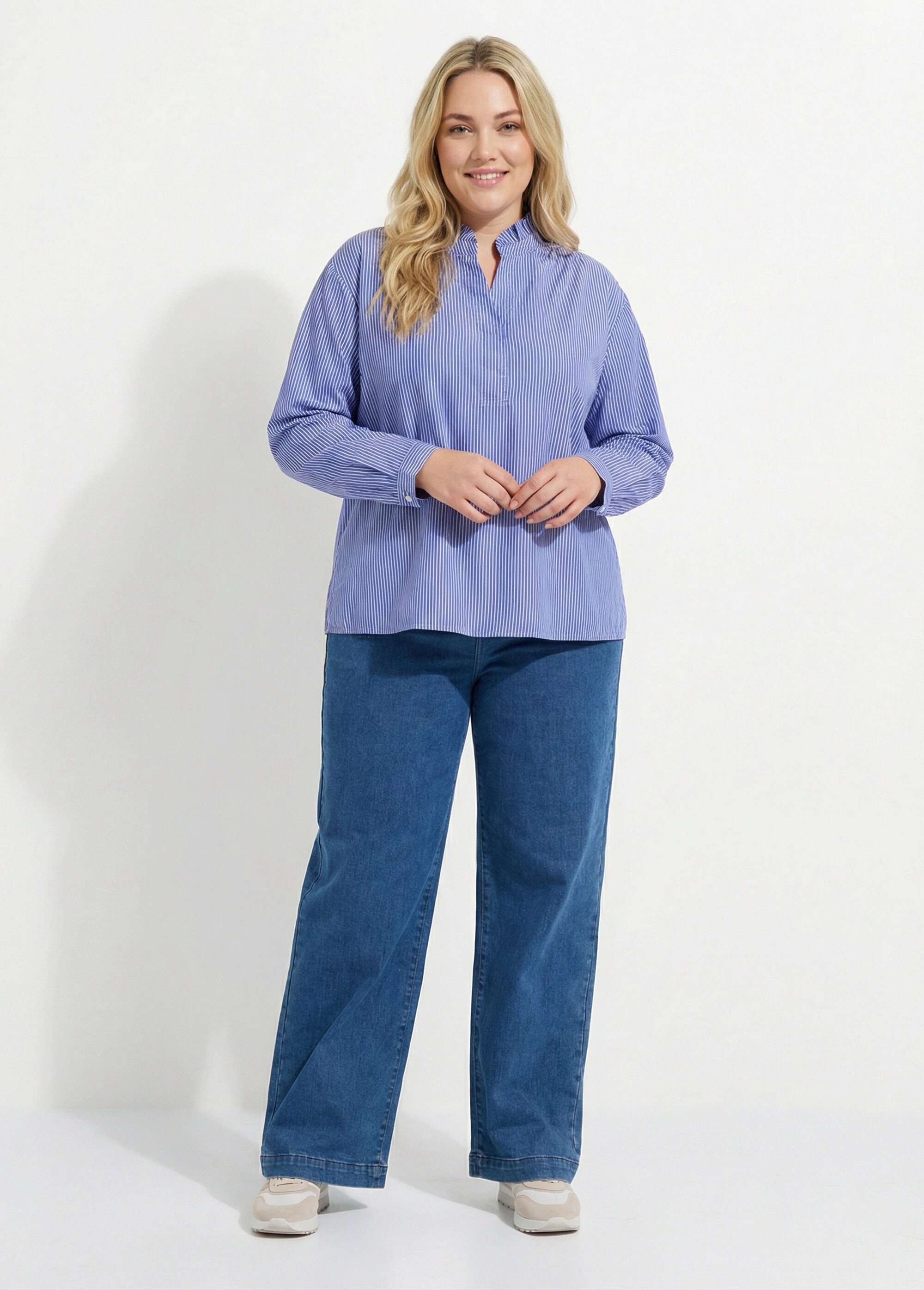 Blouse fines rayures avec col plissé Femme Grande Taille Bleu CHY-F668 SF1