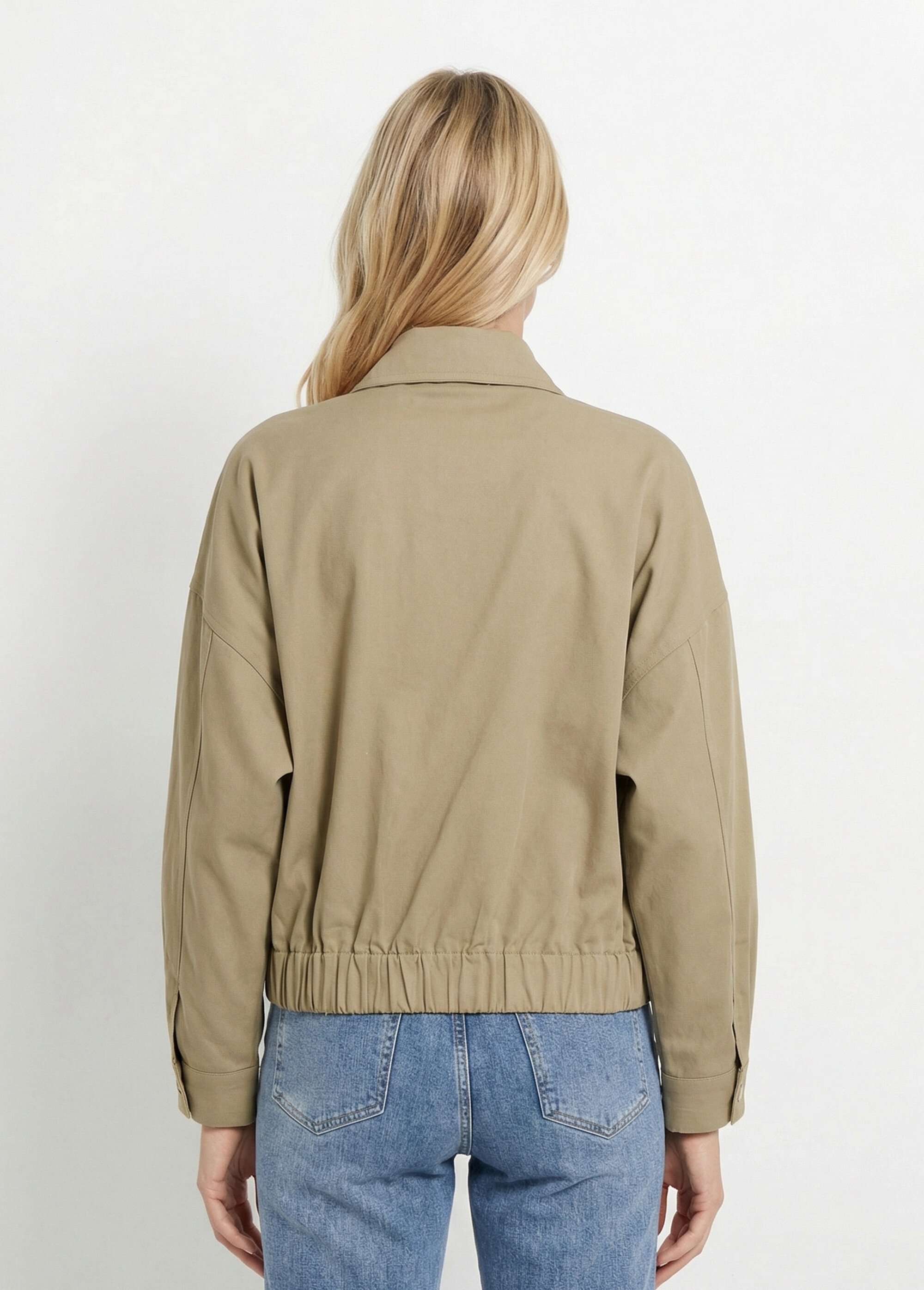 Blouson zippé en toile, taille resserrée Femme Vert JB-A3224 DO1