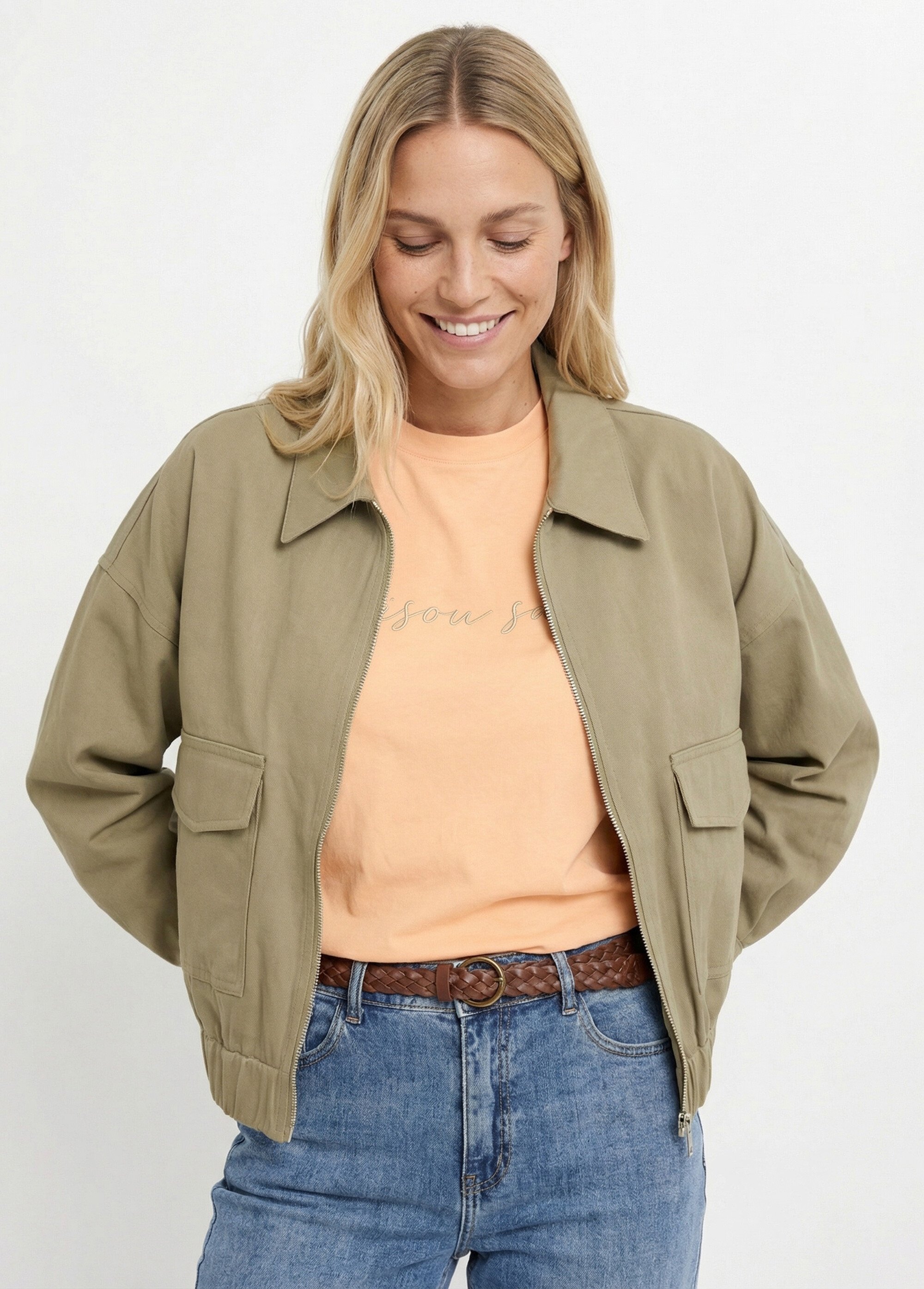 Blouson zippé en toile, taille resserrée