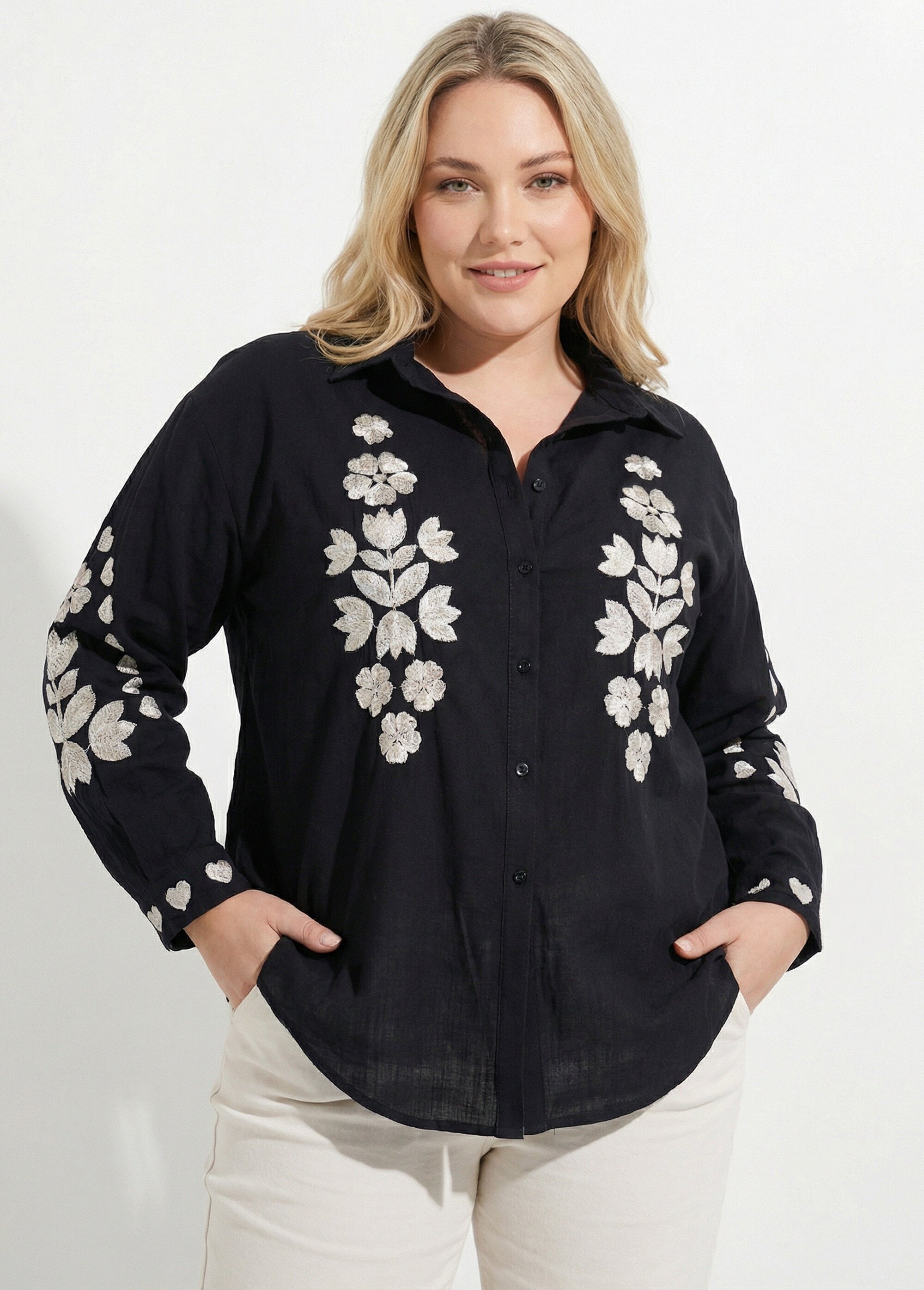 Chemiser boutonné avec broderies fleurs Femme Grande Taille Noir CHY-D05 MV1