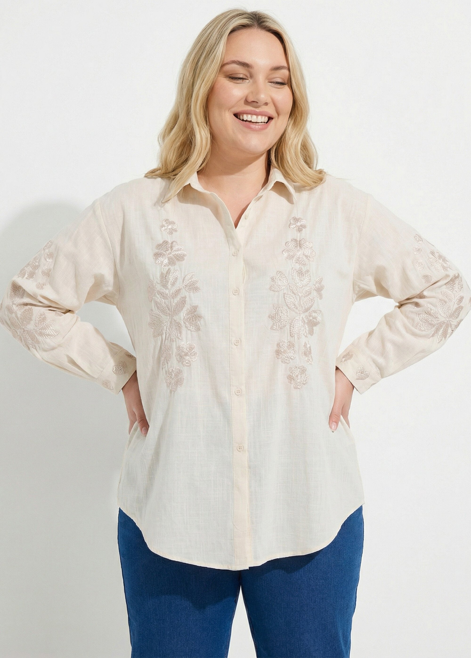 Chemiser boutonné avec broderies fleurs Femme Grande Taille Beige CHY-D05 MV1