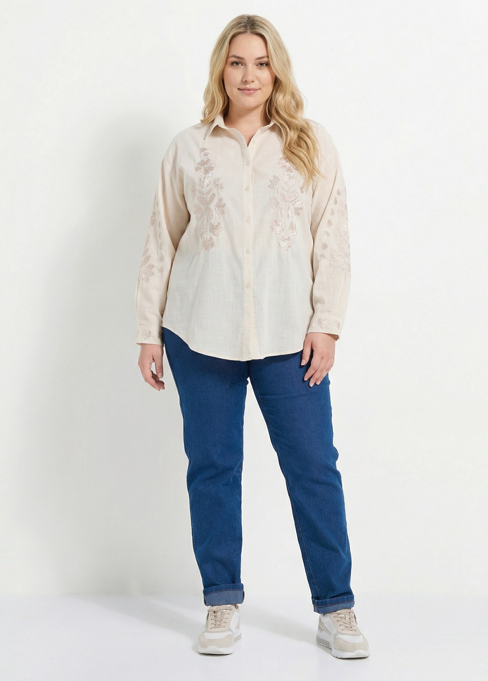 Chemiser boutonné avec broderies fleurs Femme Grande Taille Beige CHY-D05 SF1