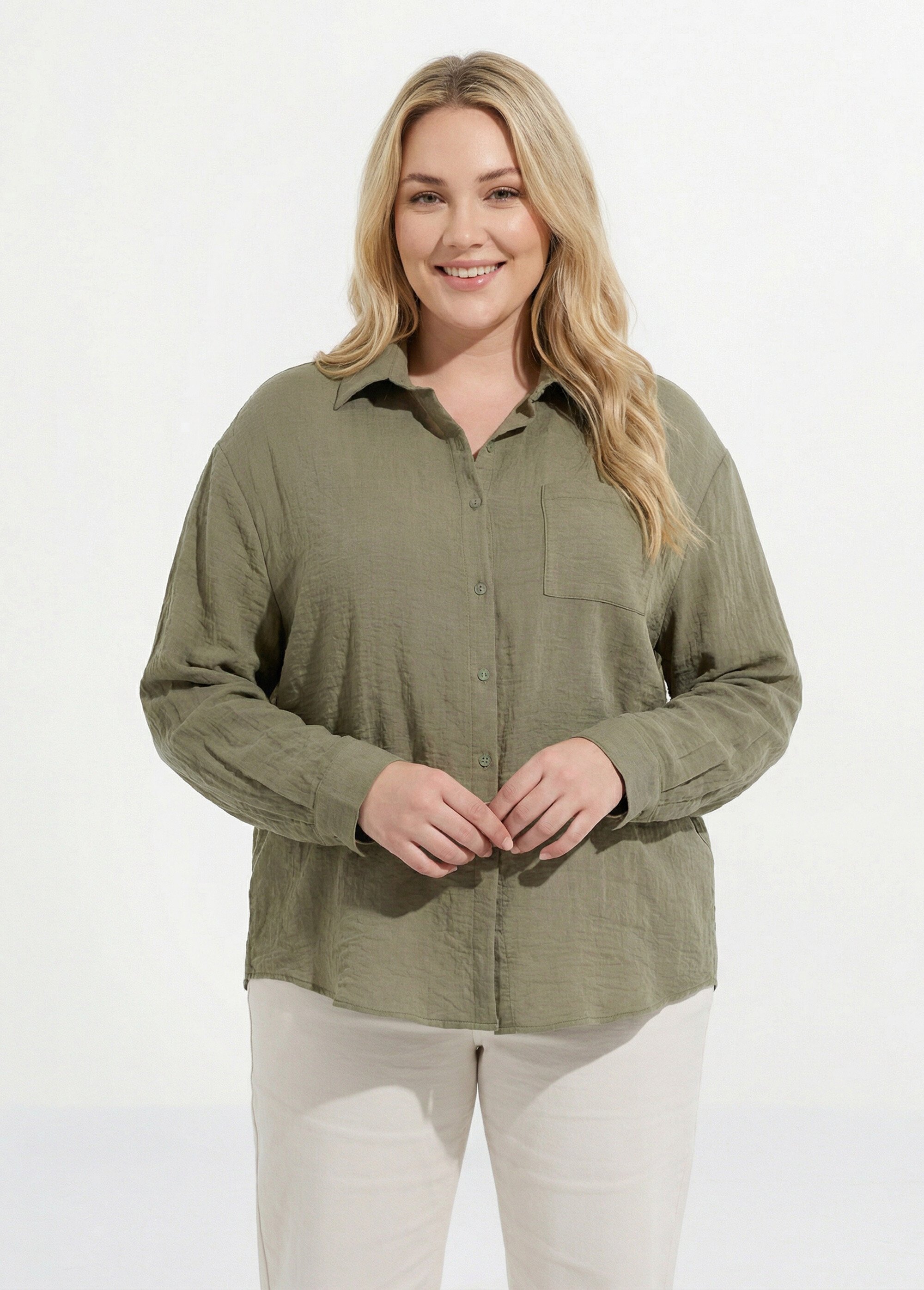 Chemiser fluide avec manches longues Femme Grande Taille Vert CHY-F637 FA1