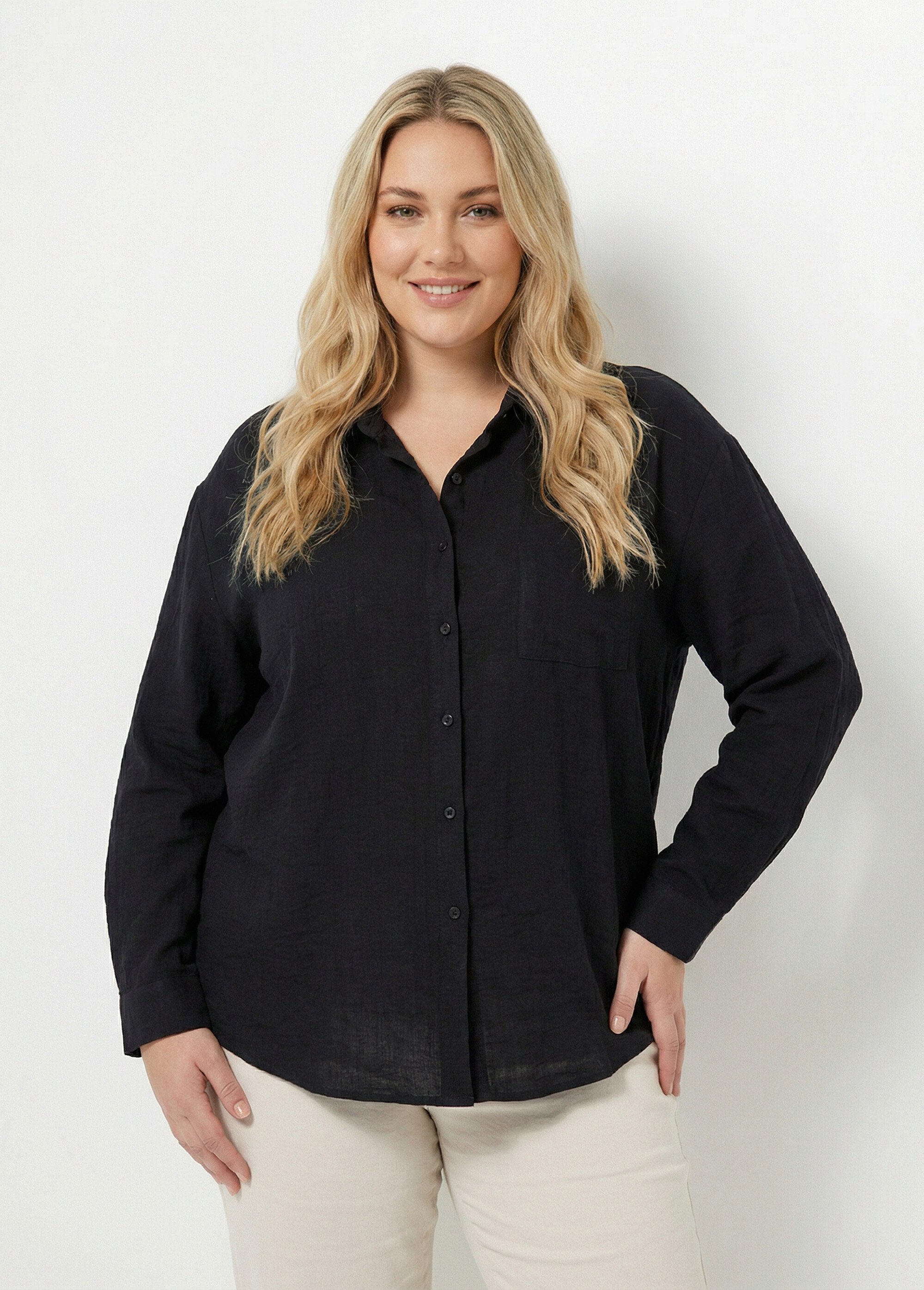 Chemiser fluide avec manches longues Femme Grande Taille Noir CHY-F637 FA1