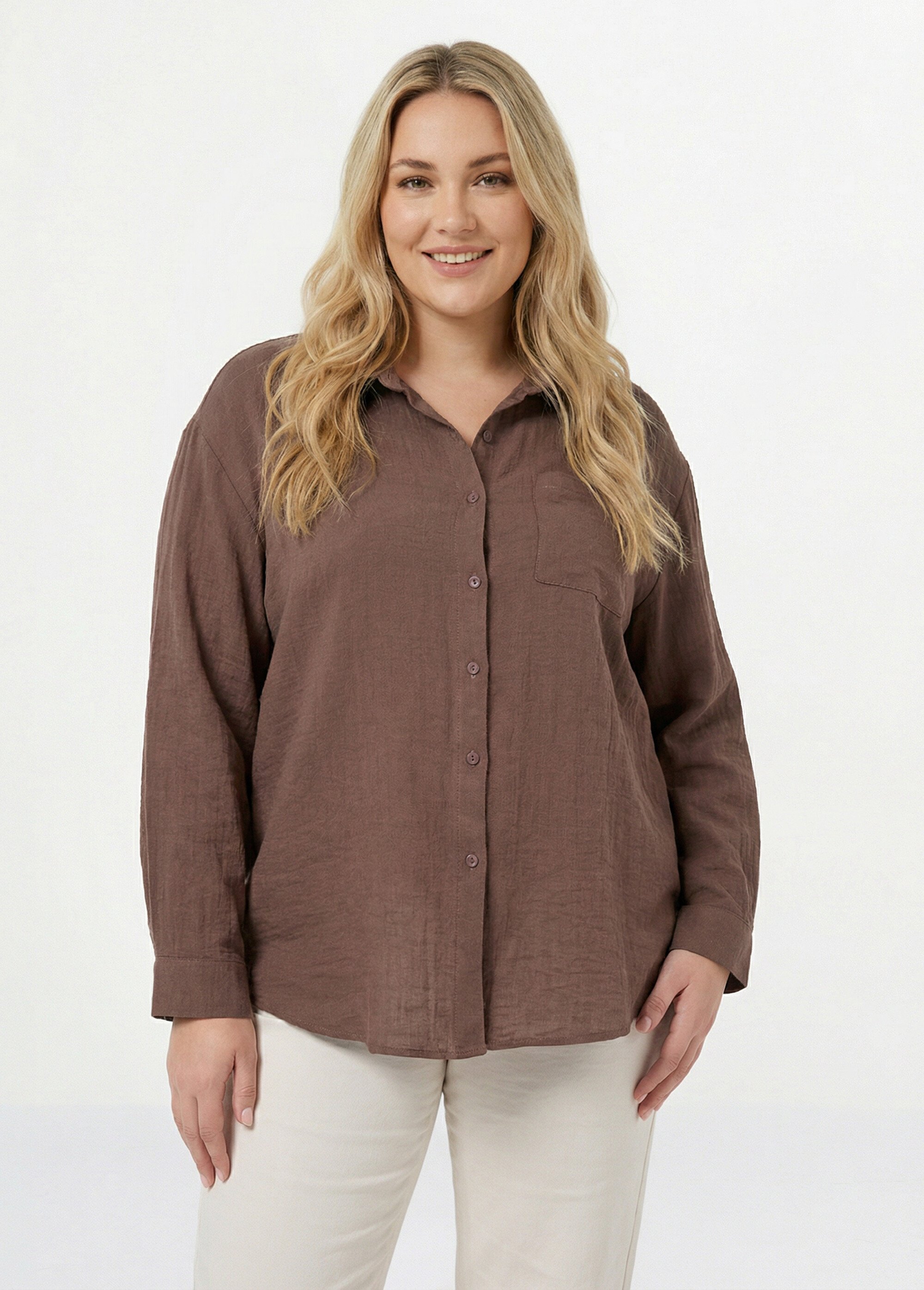 Chemiser fluide avec manches longues Femme Grande Taille Marron CHY-F637 FA1