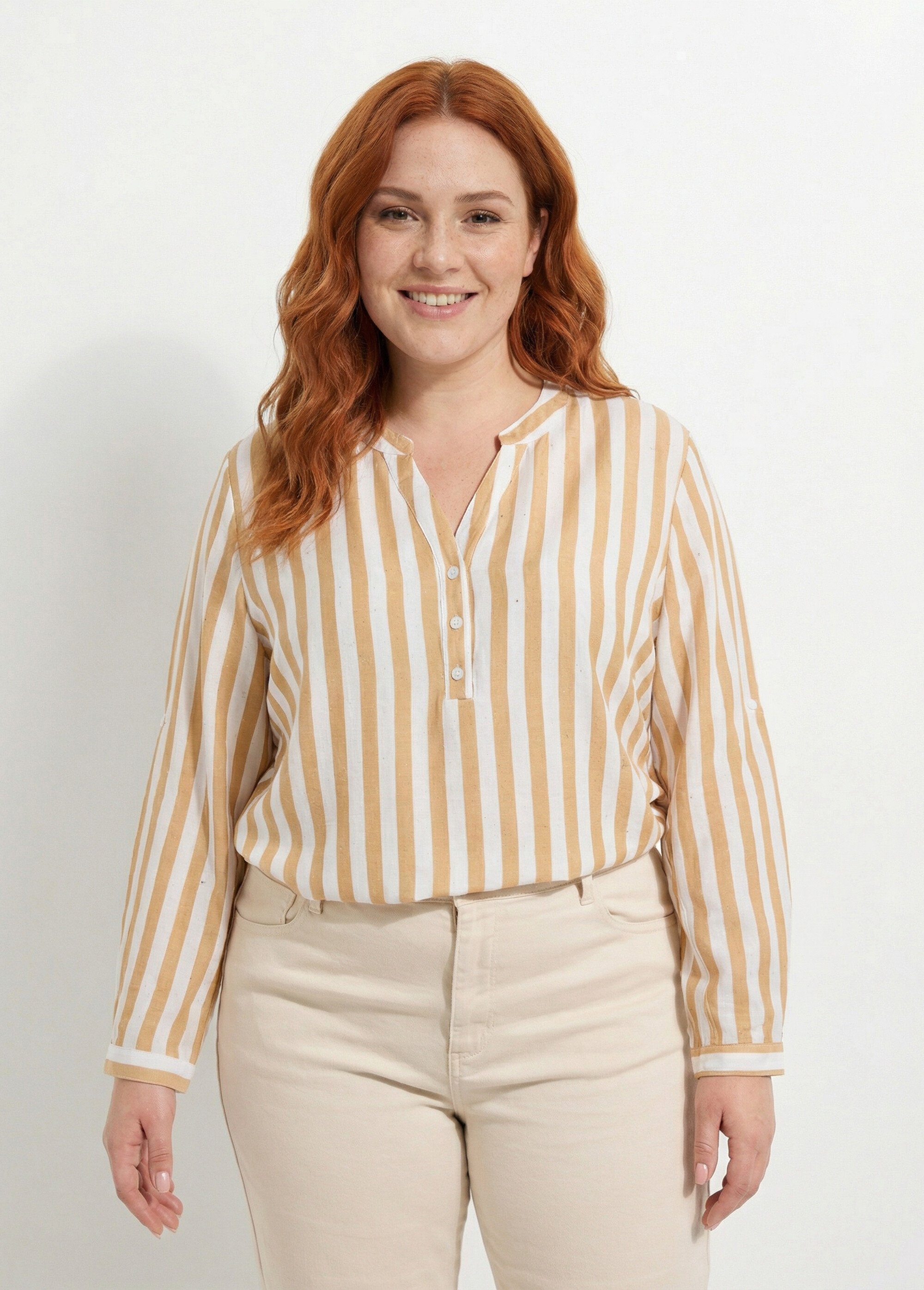 Tunique rayée encolure tunisienne Femme Grande Taille Beige CHY-F647 FA1