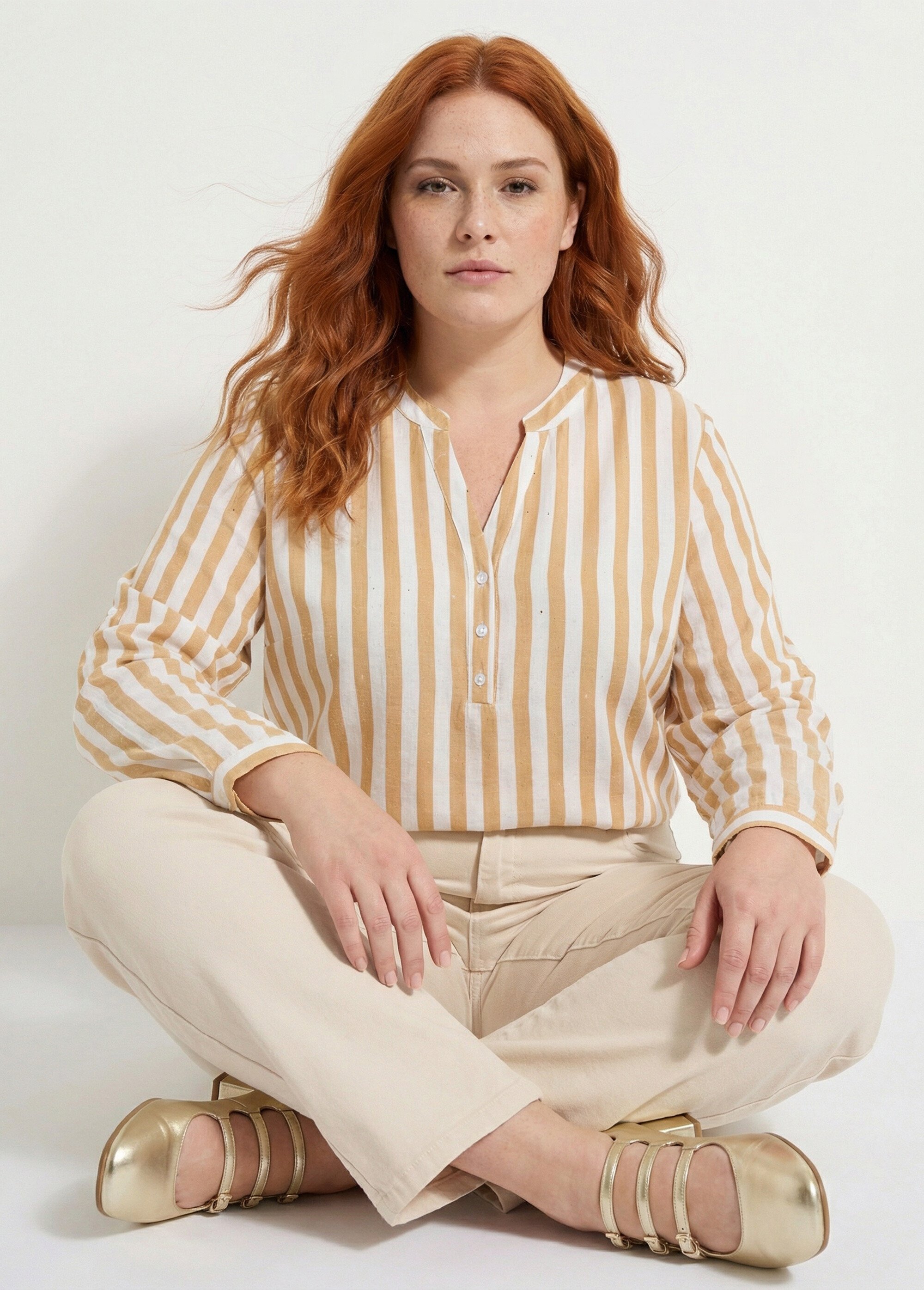 Tunique rayée encolure tunisienne Femme Grande Taille Beige CHY-F647 MV1