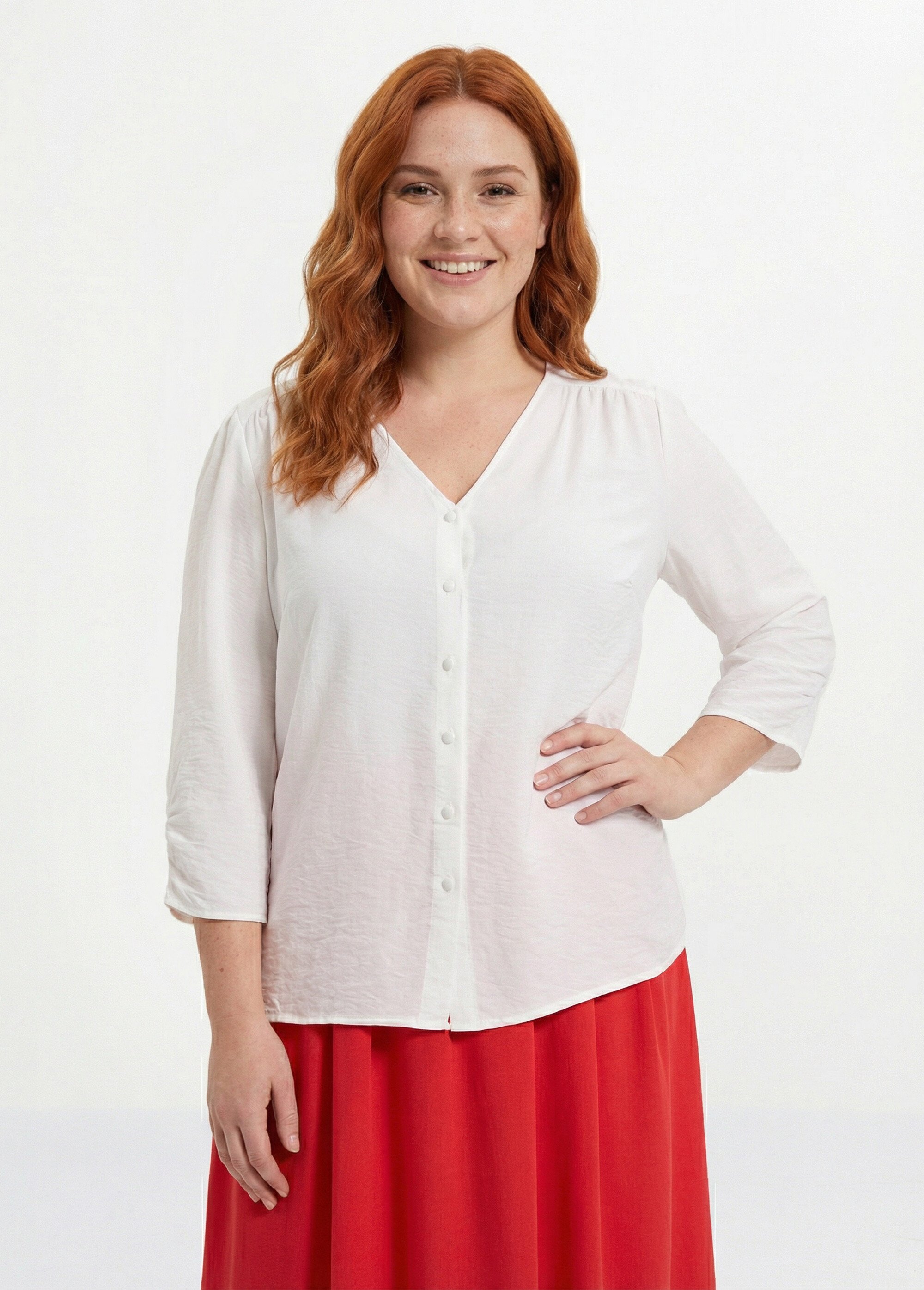 Tunique col V manches 3/4 fantaisie Femme Grande Taille Blanc CHY-F304-10 FA1