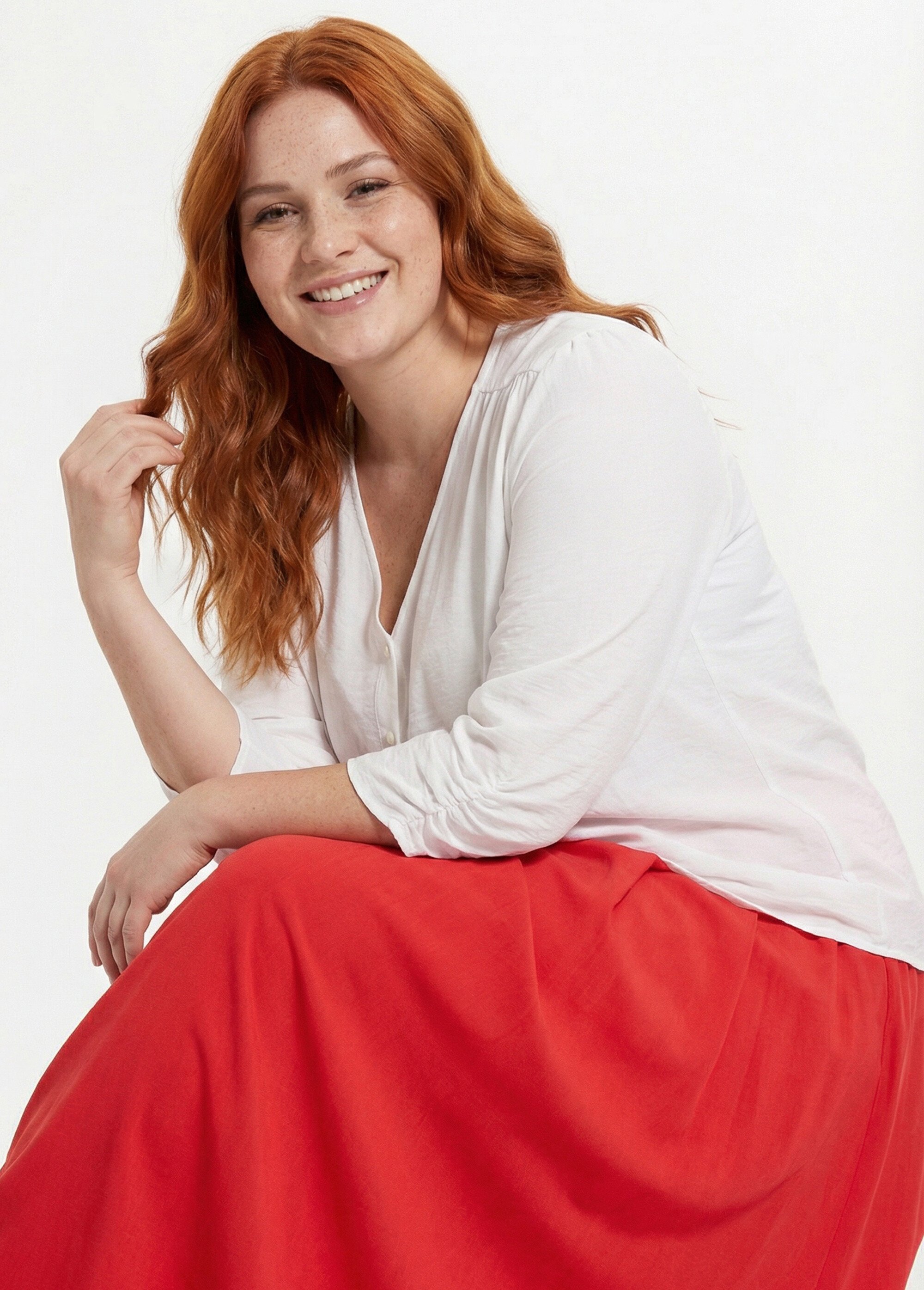 Tunique col V manches 3/4 fantaisie Femme Grande Taille Blanc CHY-F304-10 MV1