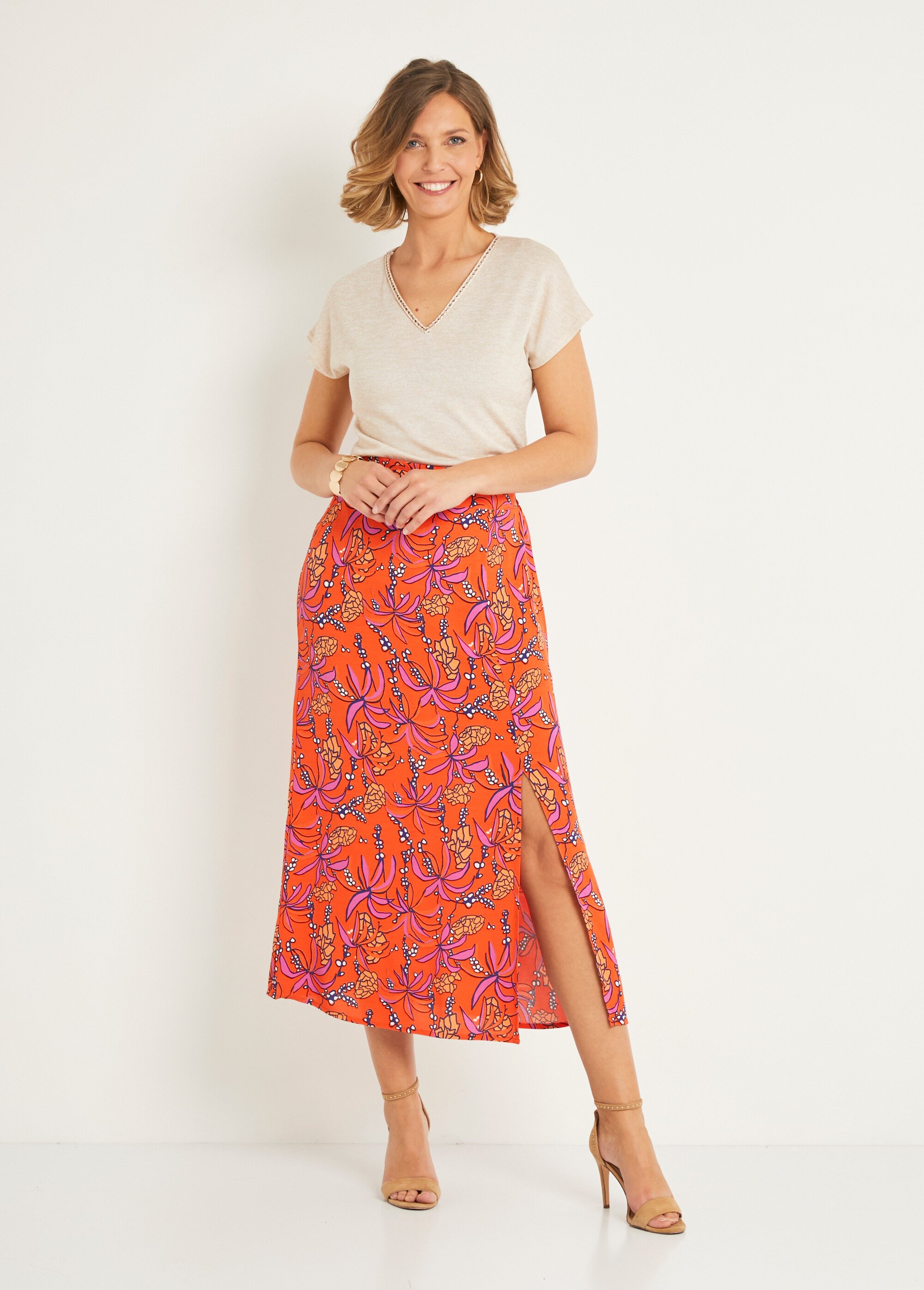 Jupe longue fluide imprimé exotique Femme Orange ANG-GINALOR SF1