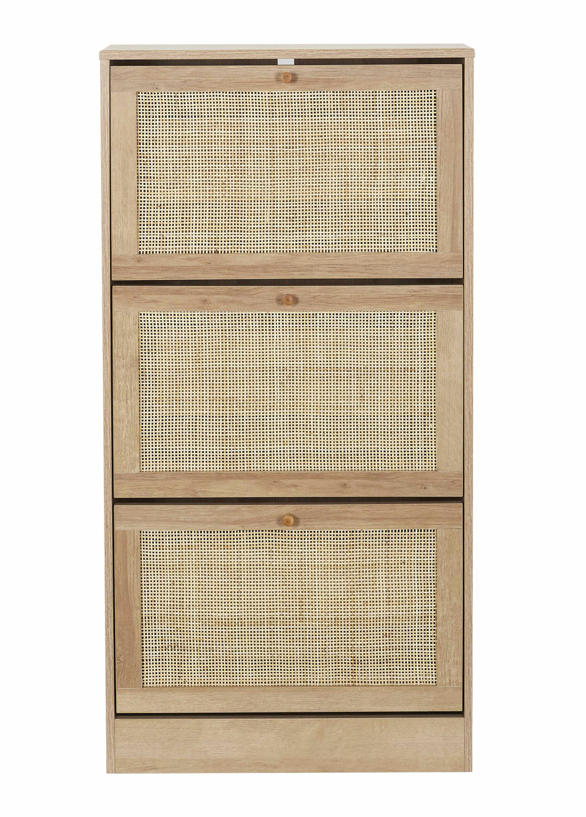Meuble à chaussures en bois et cannage