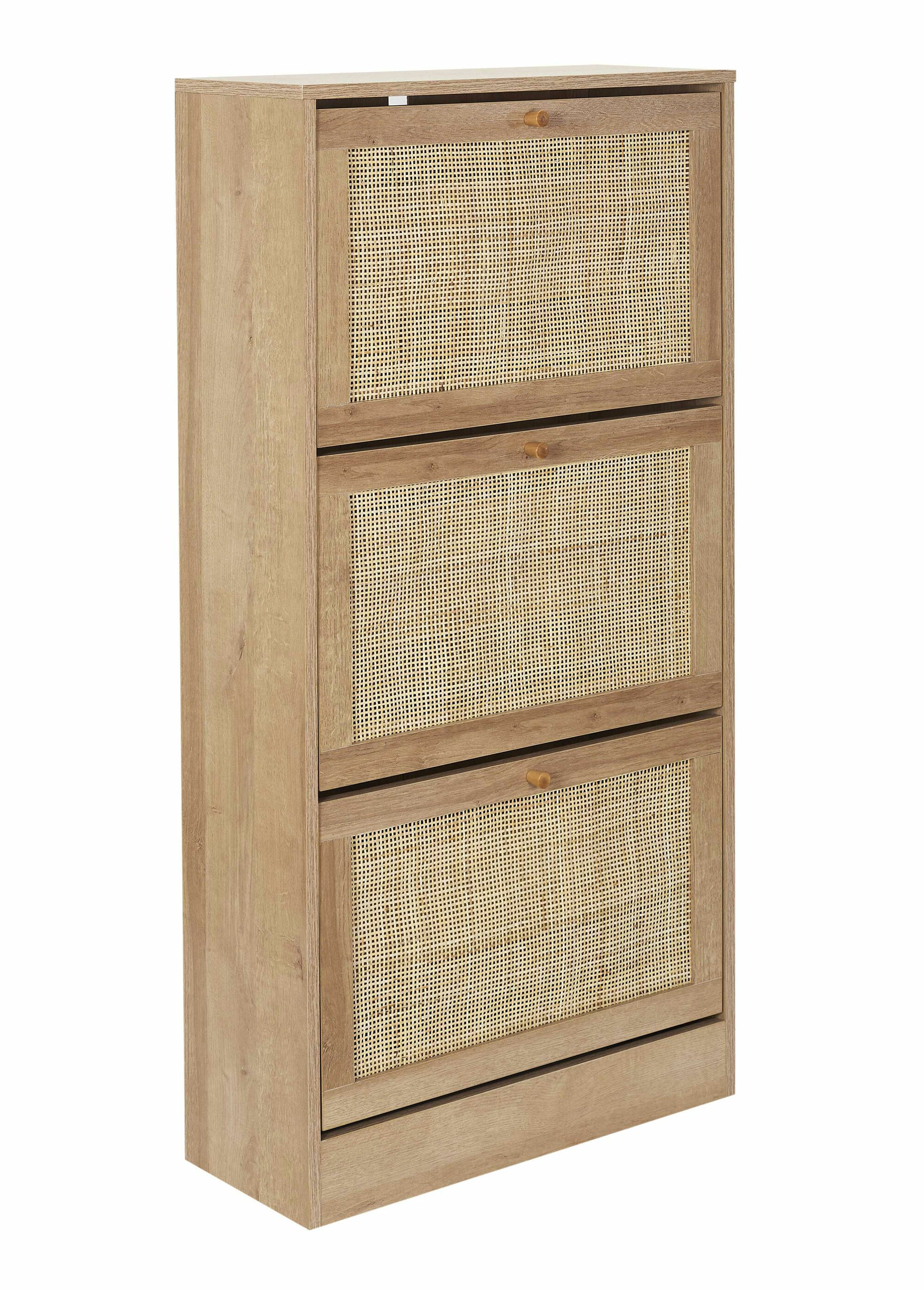 Meuble à chaussures en bois et cannage