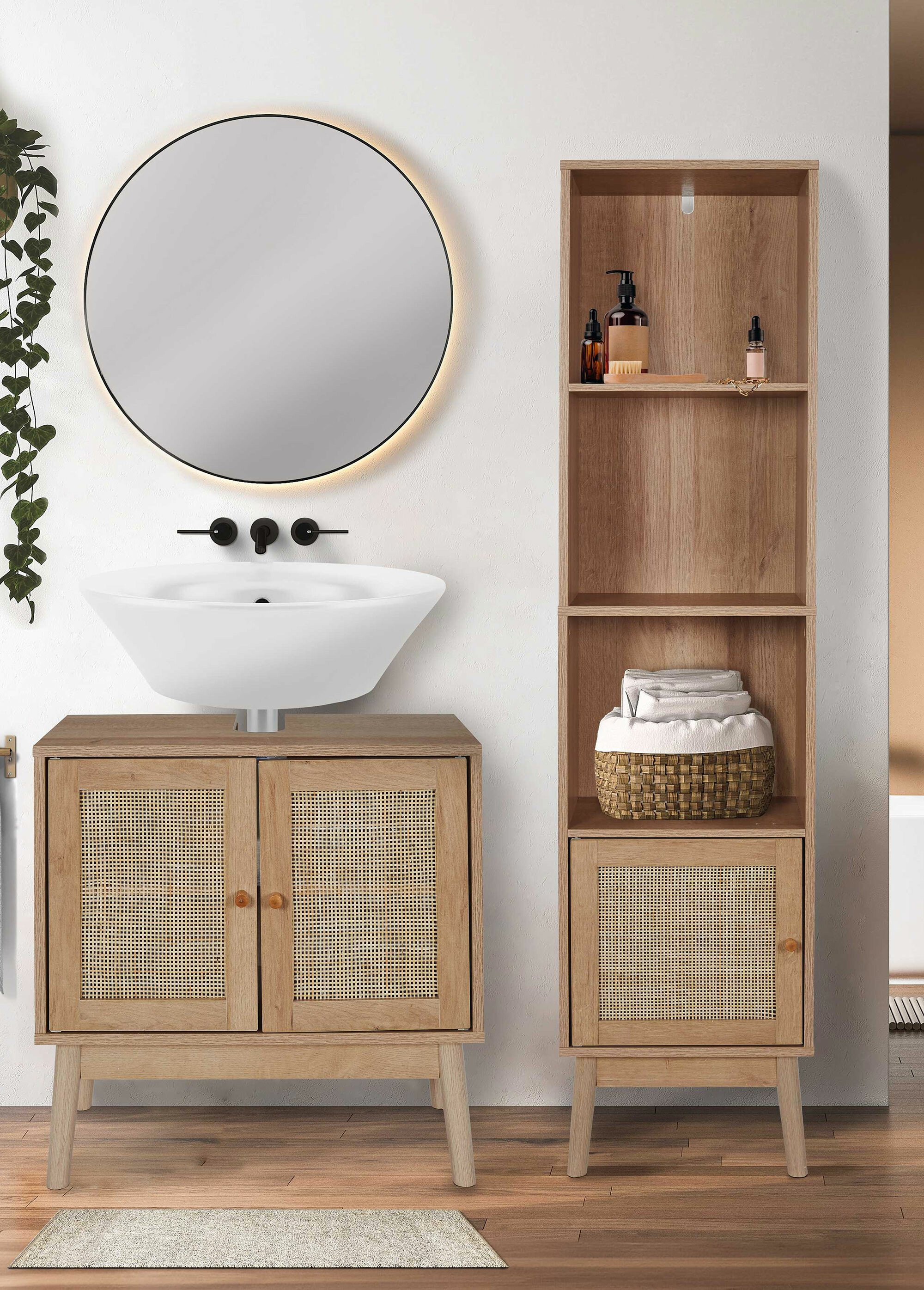 Meuble colonne sur pieds bois et cannage MARRON CMP-HD0225 SI1