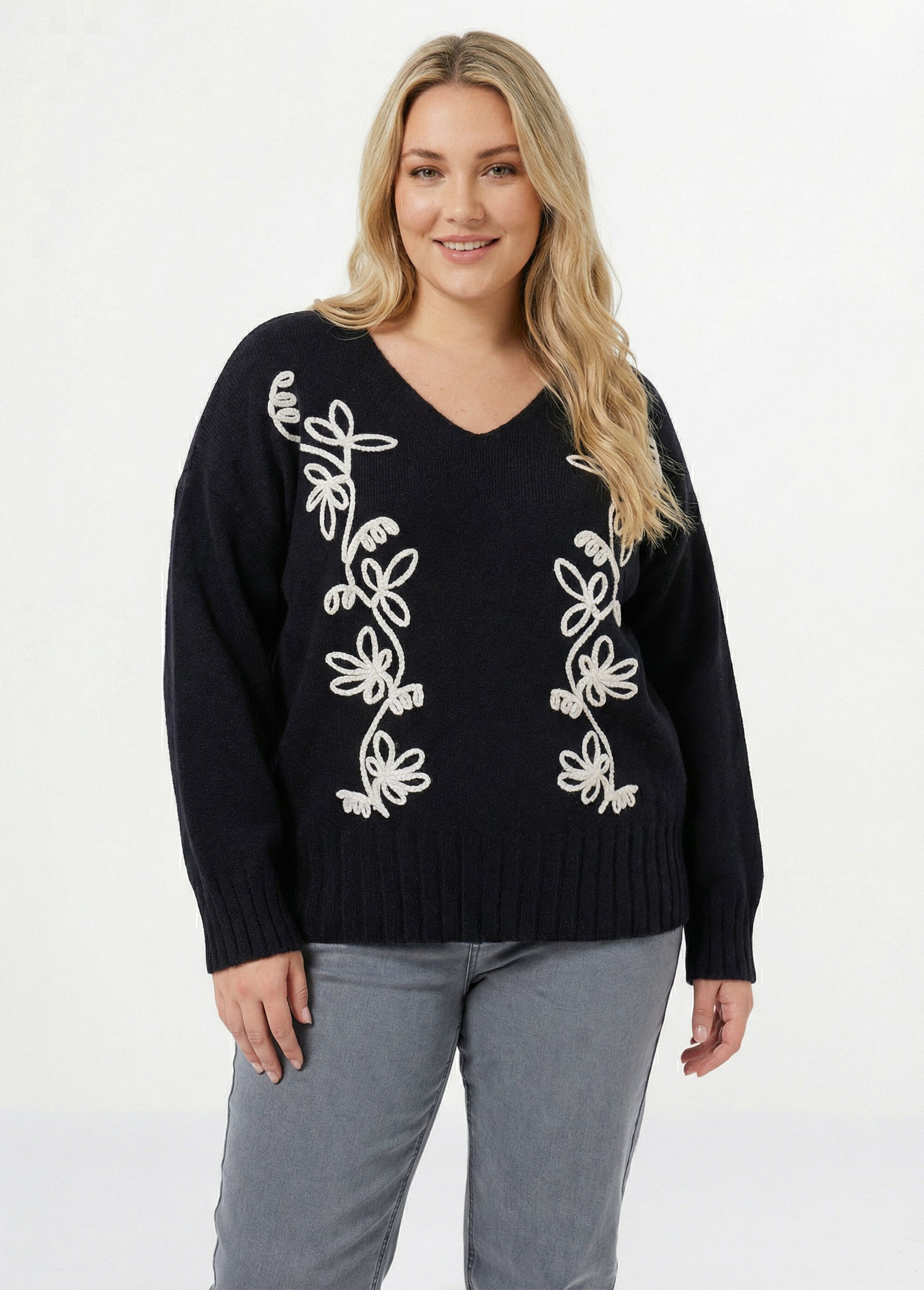Pull col V avec broderies fleurs Femme Grande Taille Noir CHY-A225-3 FA1