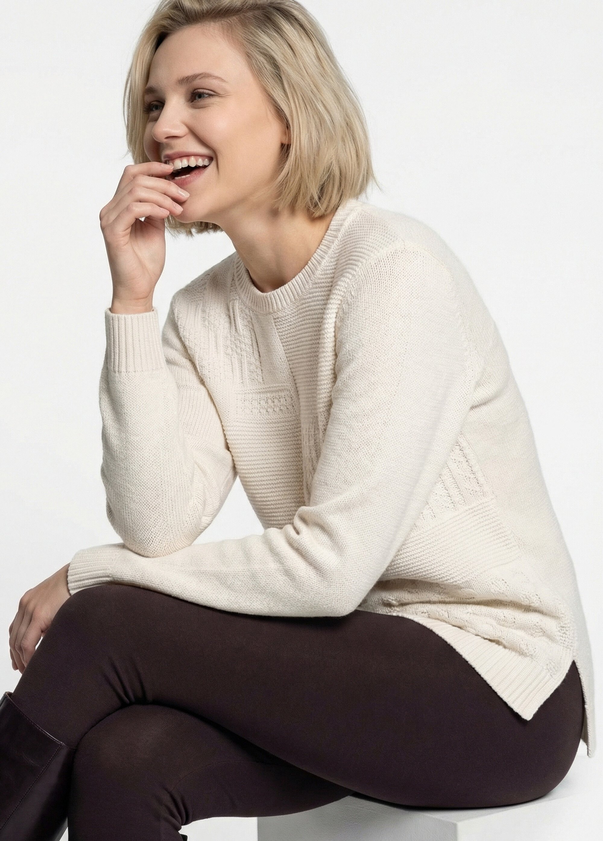 Pull-tunique col rond manches longues Femme Beige PATSY MV1