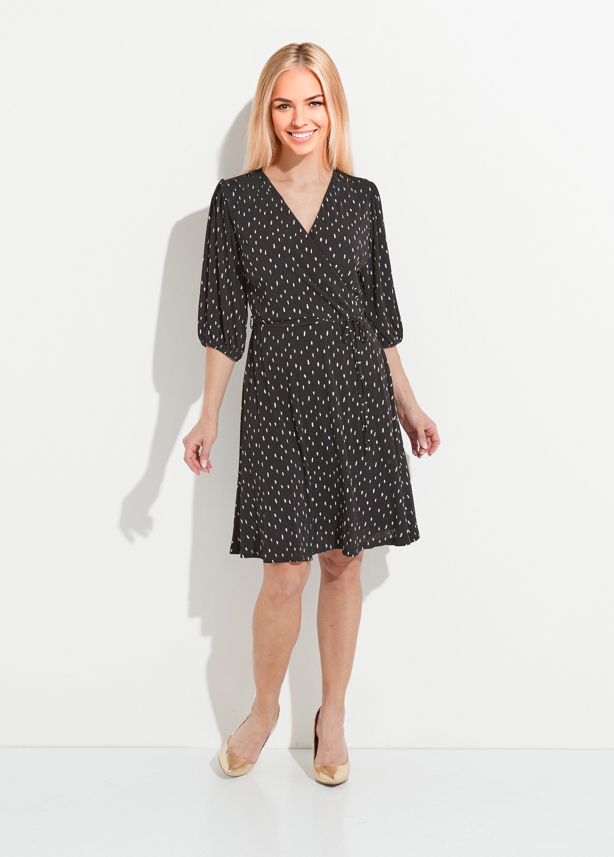 Robe courte cache-coeur imprimé pois Femme Noir ELEGANTE FA1