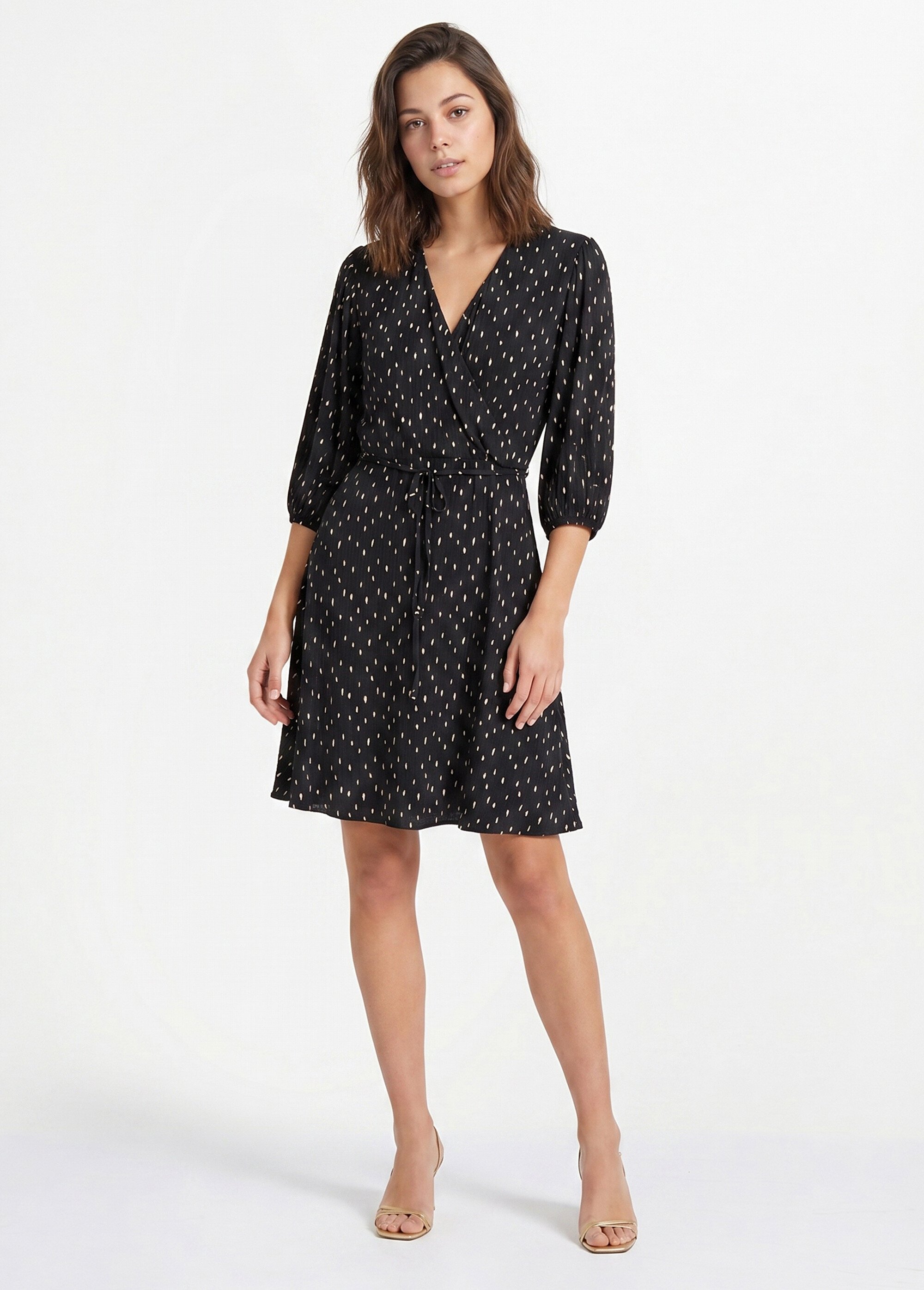 Robe courte cache-coeur imprimé pois Femme Noir ELEGANTE FA1
