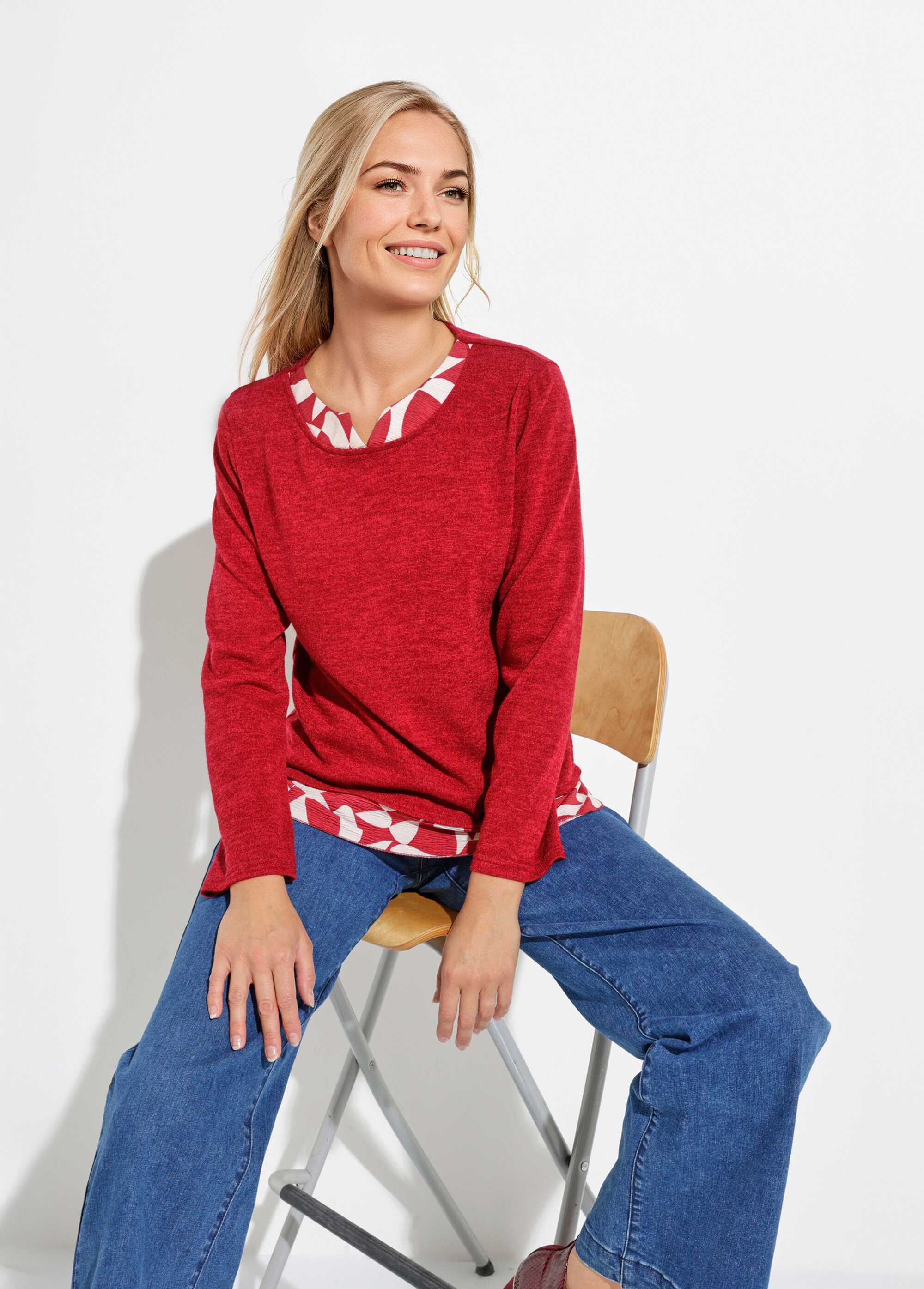 T-shirt chaud effet 2 en 1 manches longues Femme Rouge CAMELLE MV1
