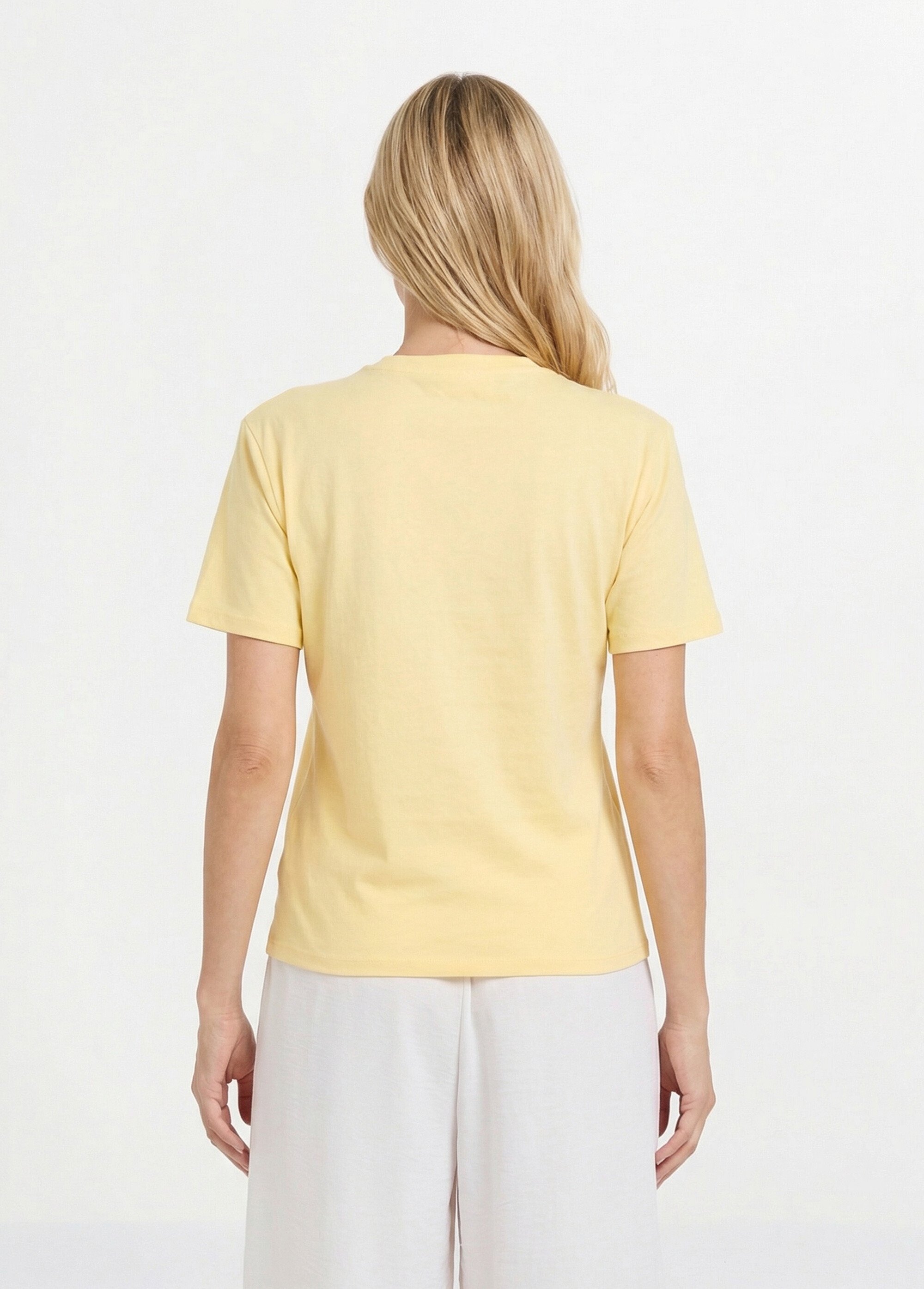 T-shirt col rond, motif cœur tissu évidé Femme Jaune JB-TS0066 DO1