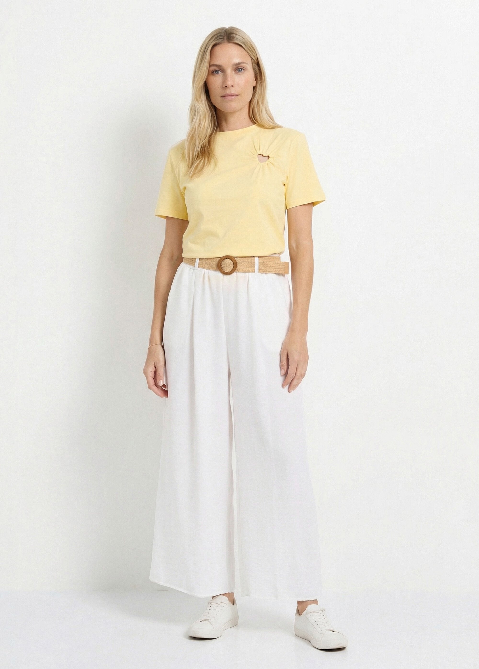 T-shirt col rond, motif cœur tissu évidé Femme Jaune JB-TS0066 SF1