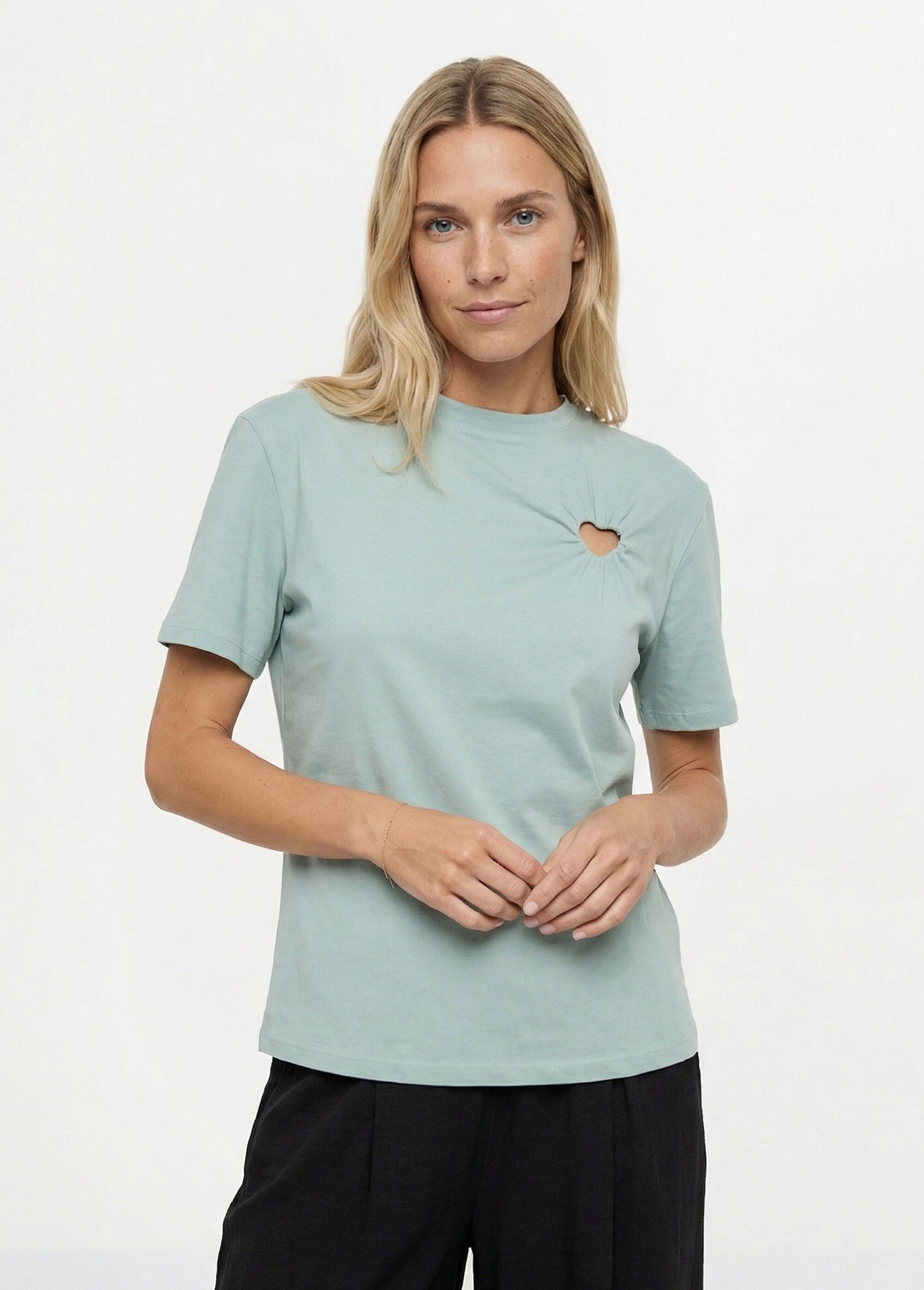 T-shirt col rond, motif cœur tissu évidé Femme Vert JB-TS0066 FA1