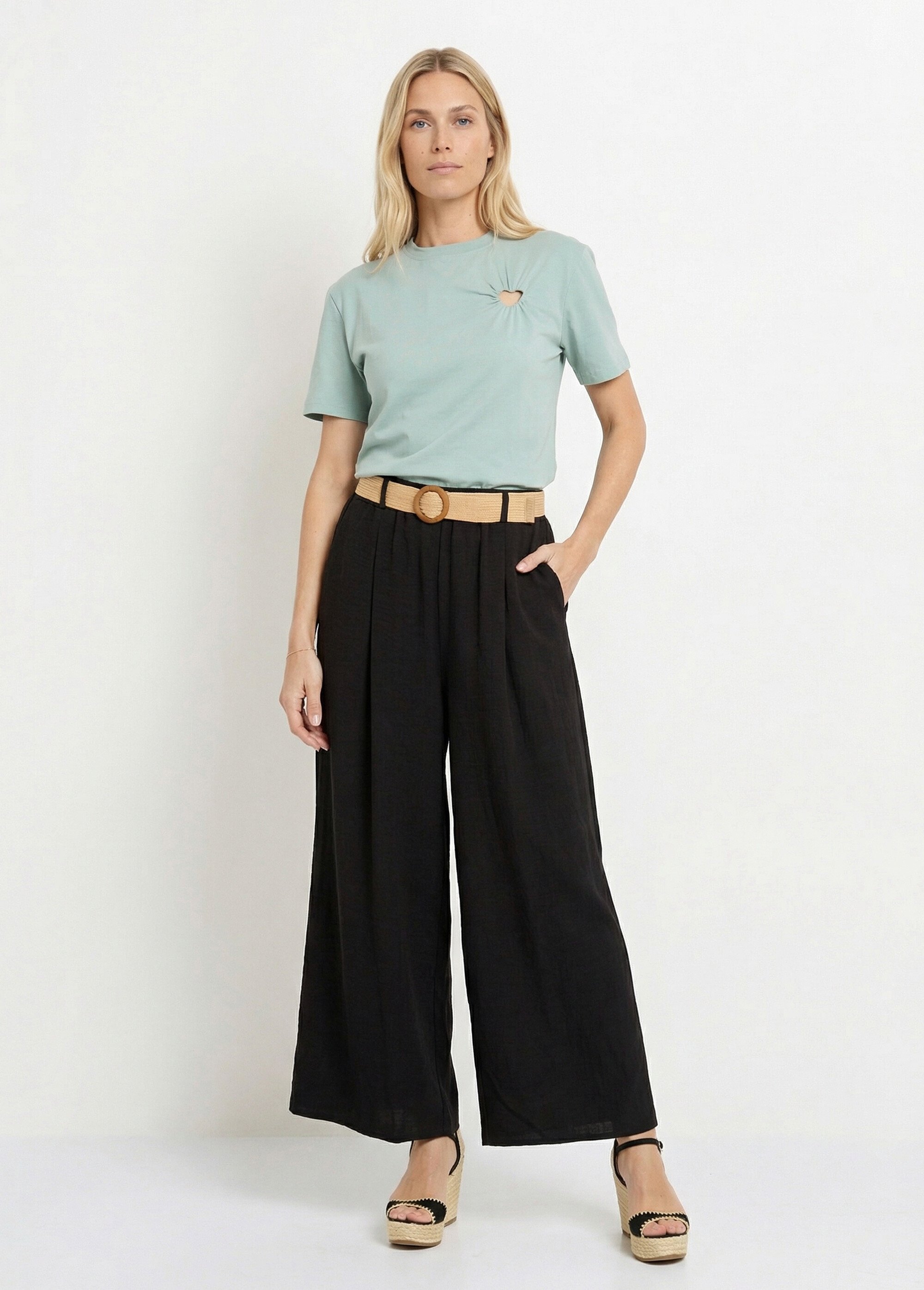 T-shirt col rond, motif cœur tissu évidé Femme Vert JB-TS0066 SF1