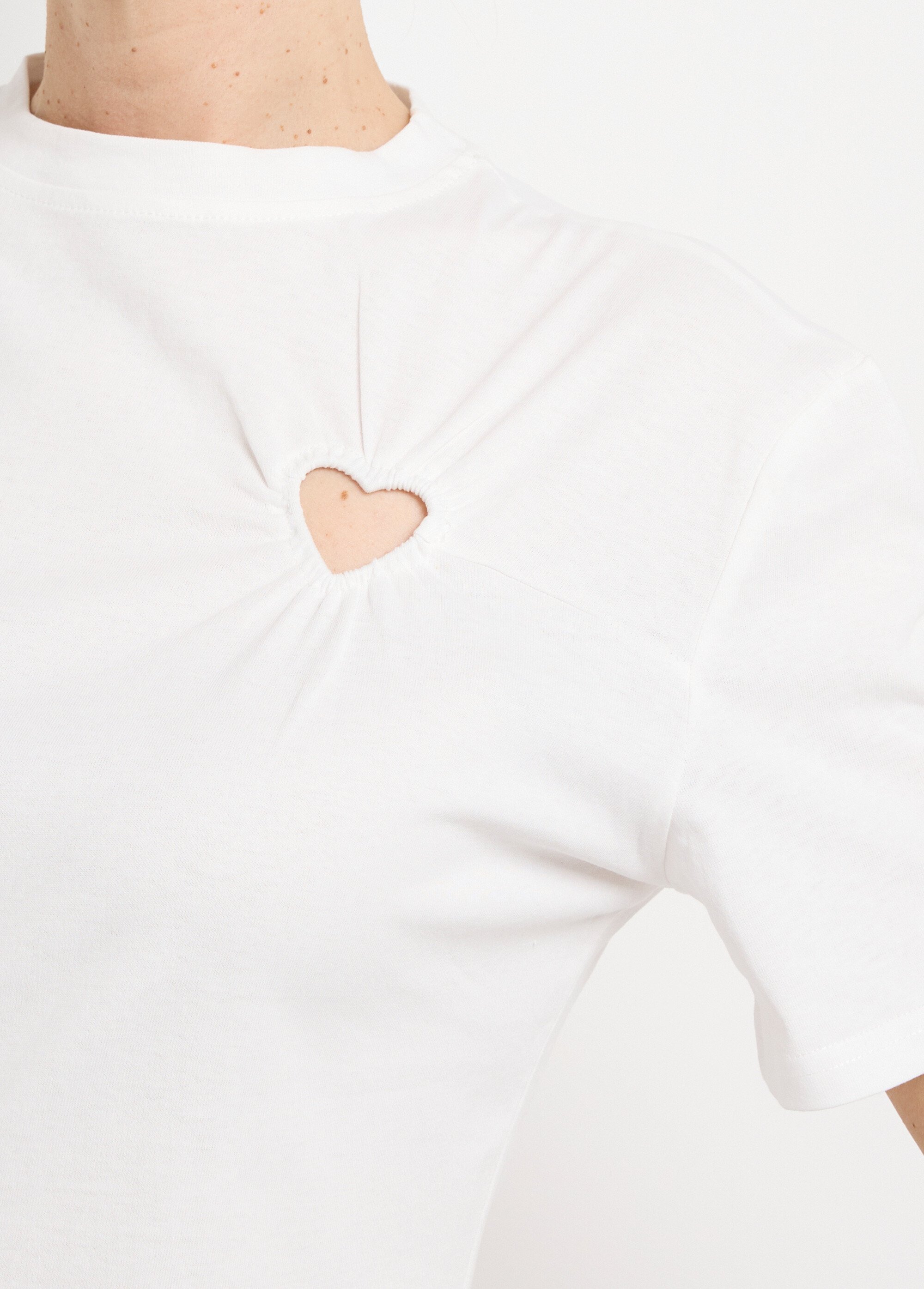 T-shirt col rond, motif cœur tissu évidé Femme Blanc JB-TS0066 DE1