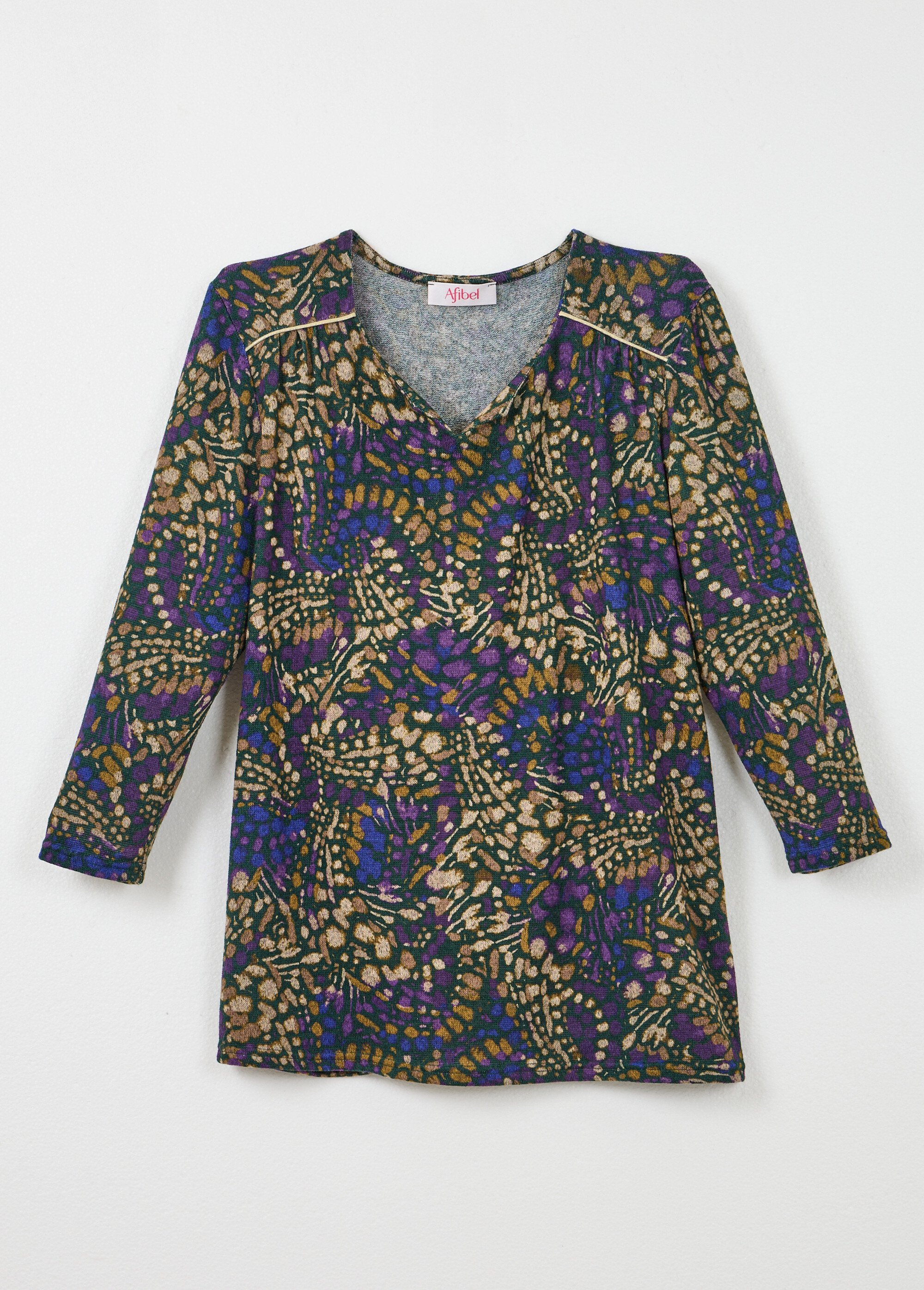 T-shirt long évasé manches 3/4 imprimé tachiste Femme VIOLET ET BEIGE CARMELINE AP1