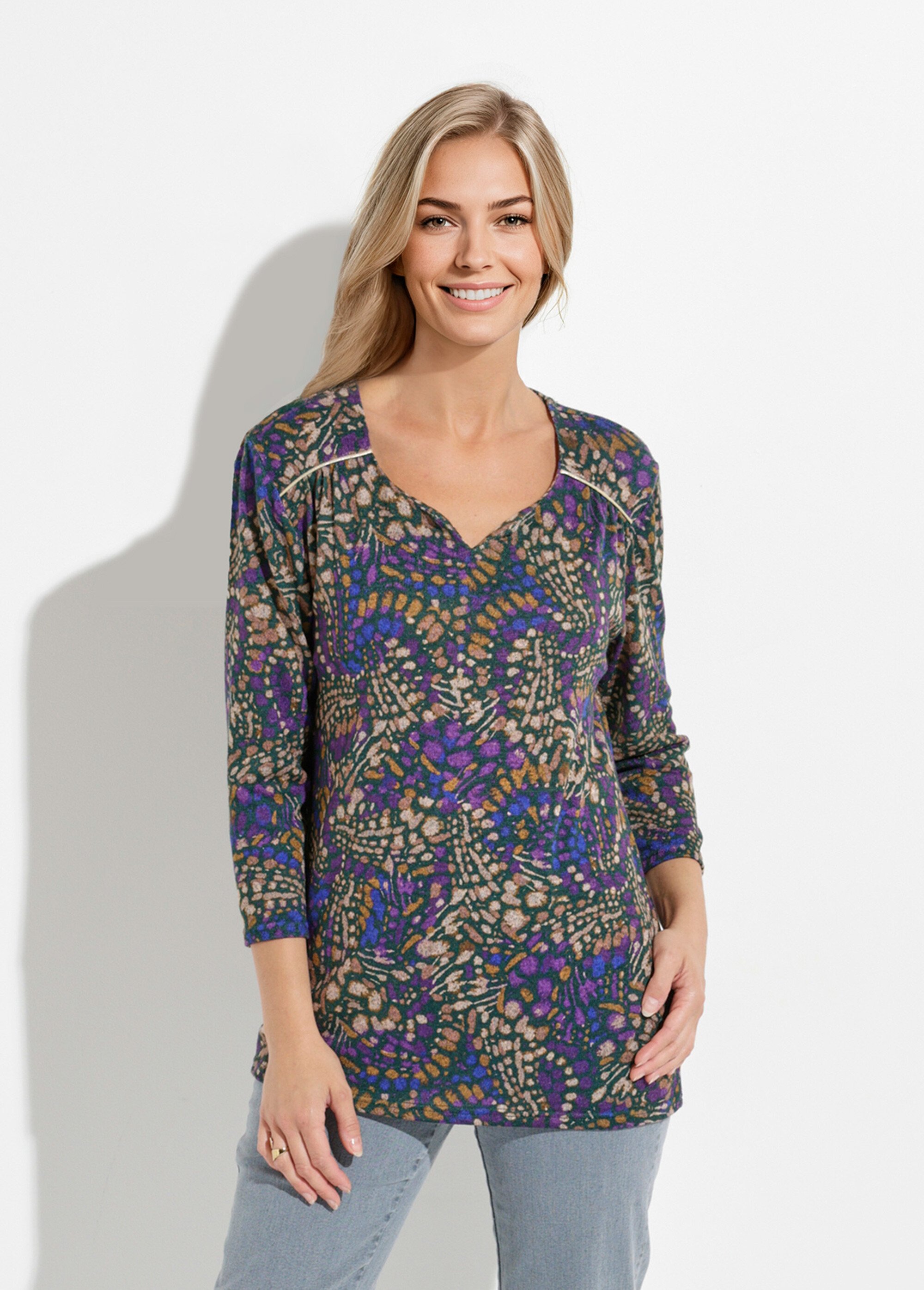 T-shirt long évasé manches 3/4 imprimé tachiste Femme VIOLET ET BEIGE CARMELINE FA1