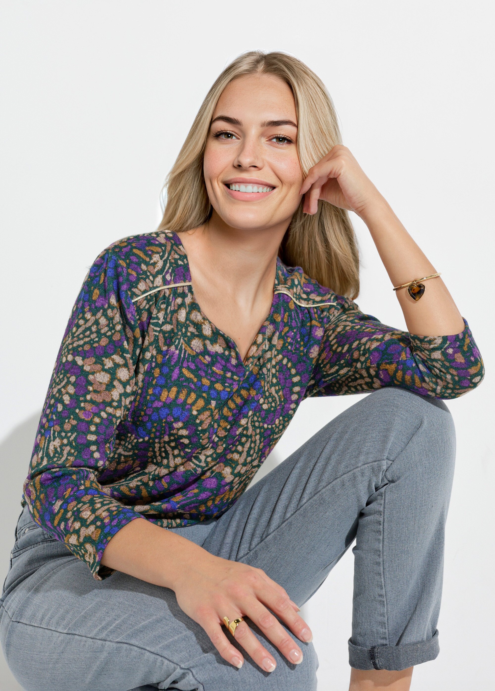 T-shirt long évasé manches 3/4 imprimé tachiste Femme VIOLET ET BEIGE CARMELINE MV1