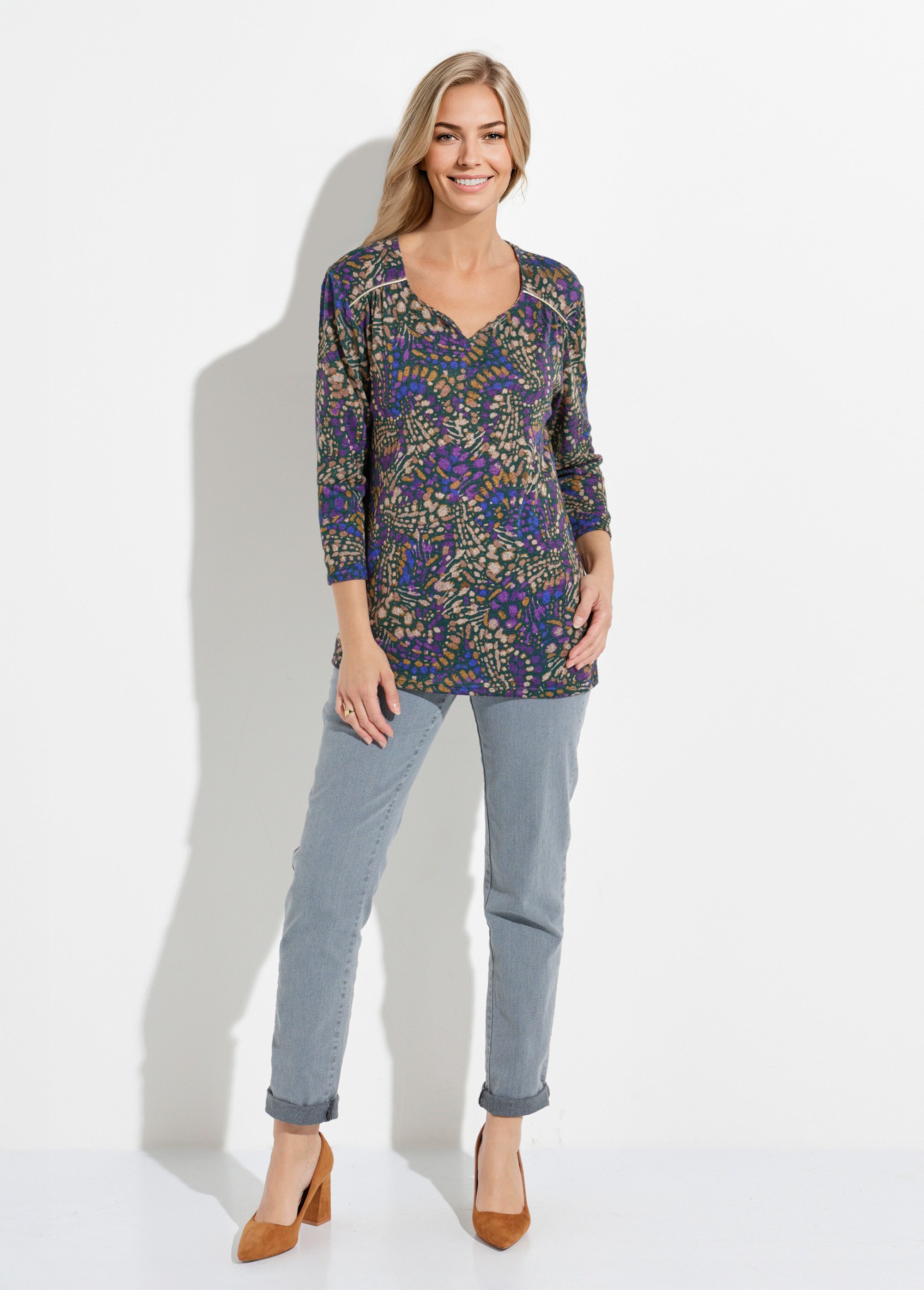 T-shirt long évasé manches 3/4 imprimé tachiste Femme VIOLET ET BEIGE CARMELINE SF1