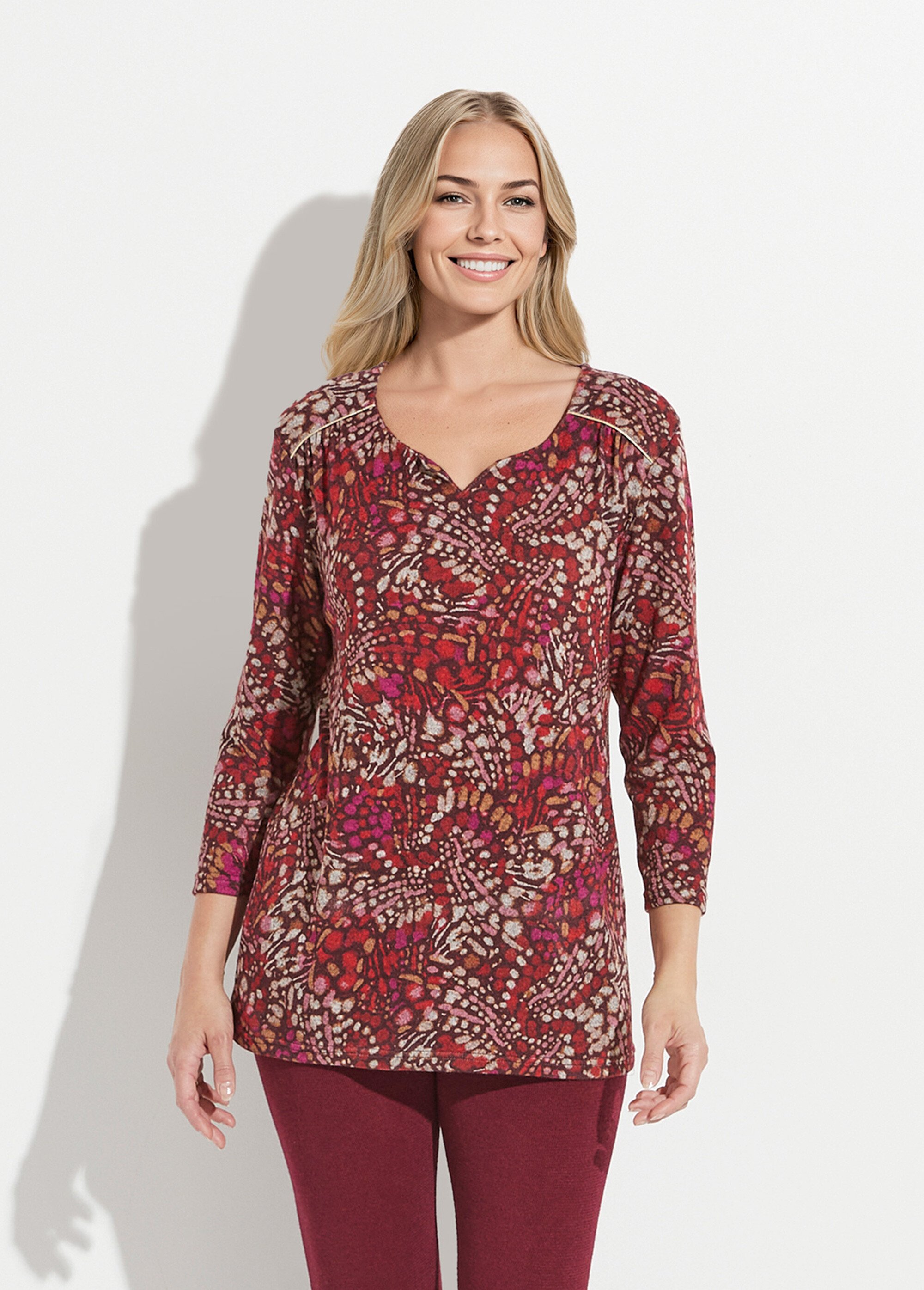 T-shirt long évasé manches 3/4 imprimé tachiste Femme BORDEAUX ET ROSE CARMELINE FA1