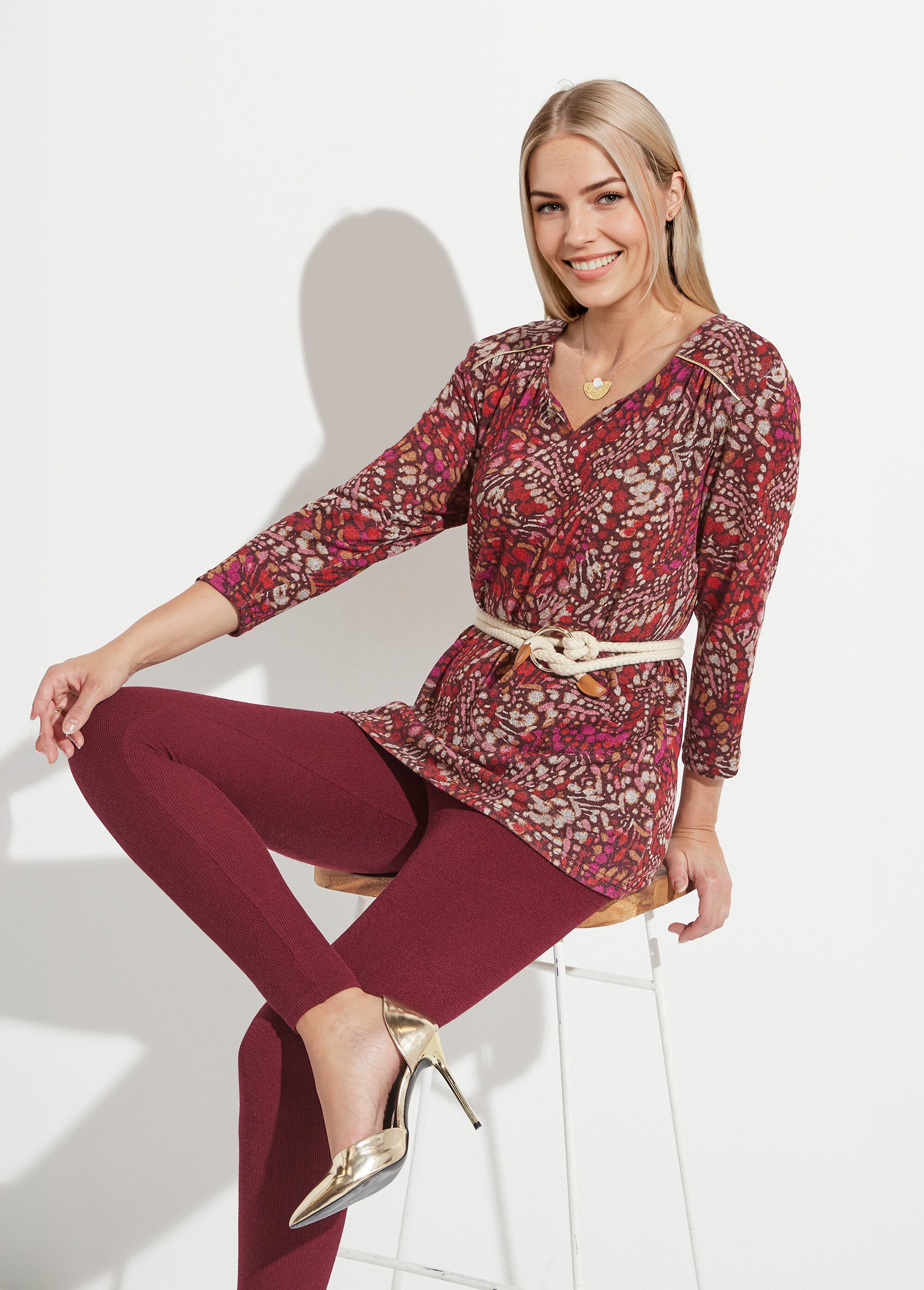 T-shirt long évasé manches 3/4 imprimé tachiste Femme BORDEAUX ET ROSE CARMELINE MV1