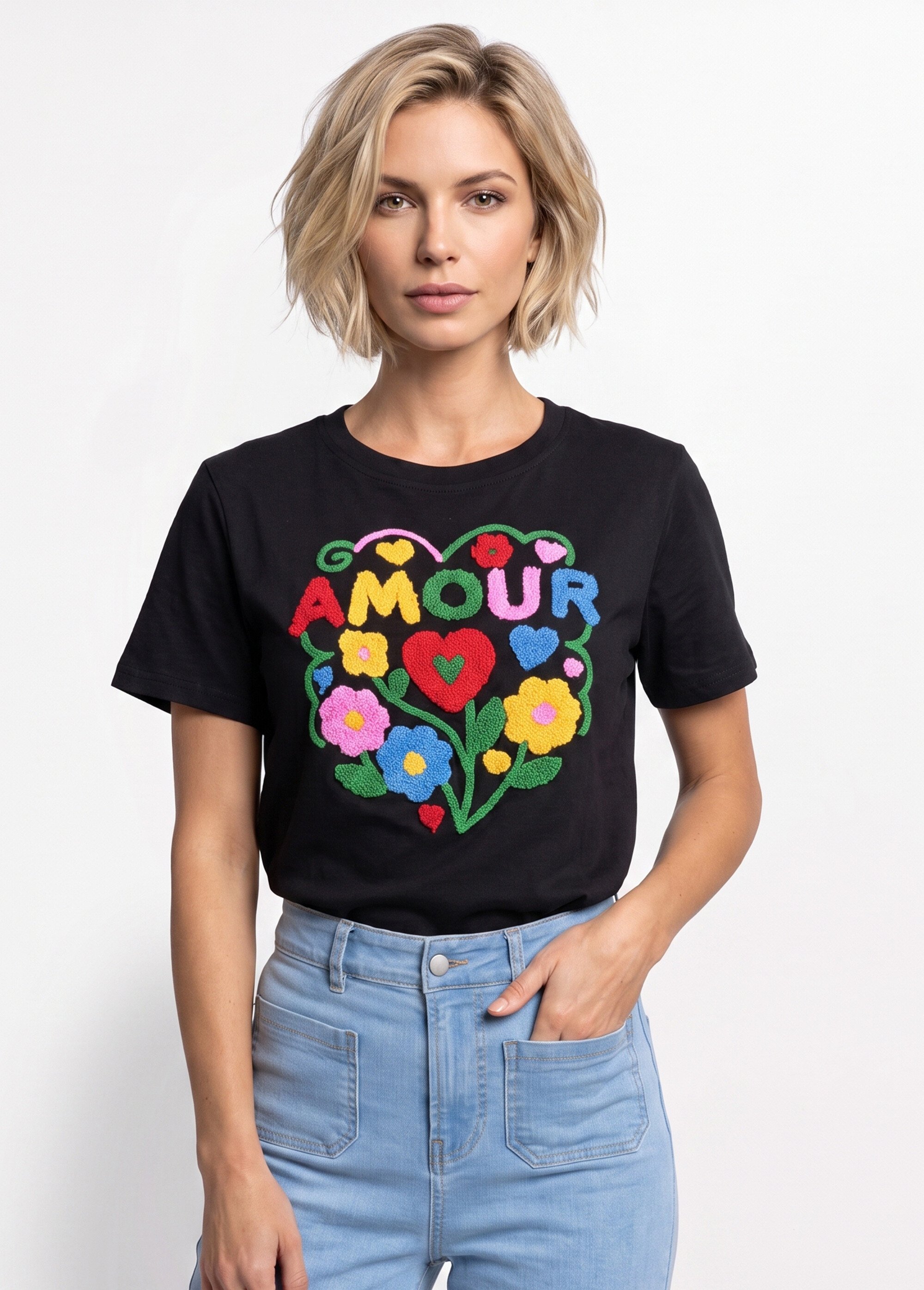 T-shirt manches courtes bouclette, Amour Femme VERT ET MULTICOLORE JB-TD0061 FA1