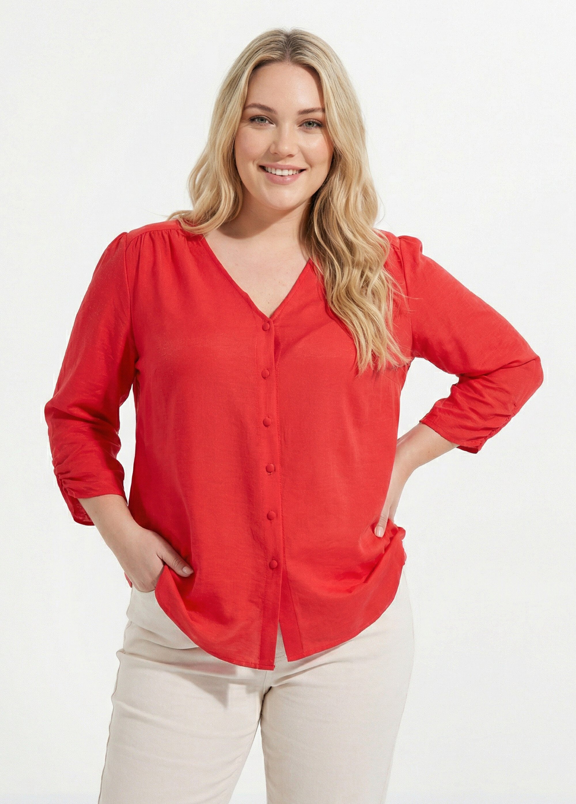 Tunique col V manches 3/4 fantaisie Femme Grande Taille Rouge CHY-F304-10 MV1