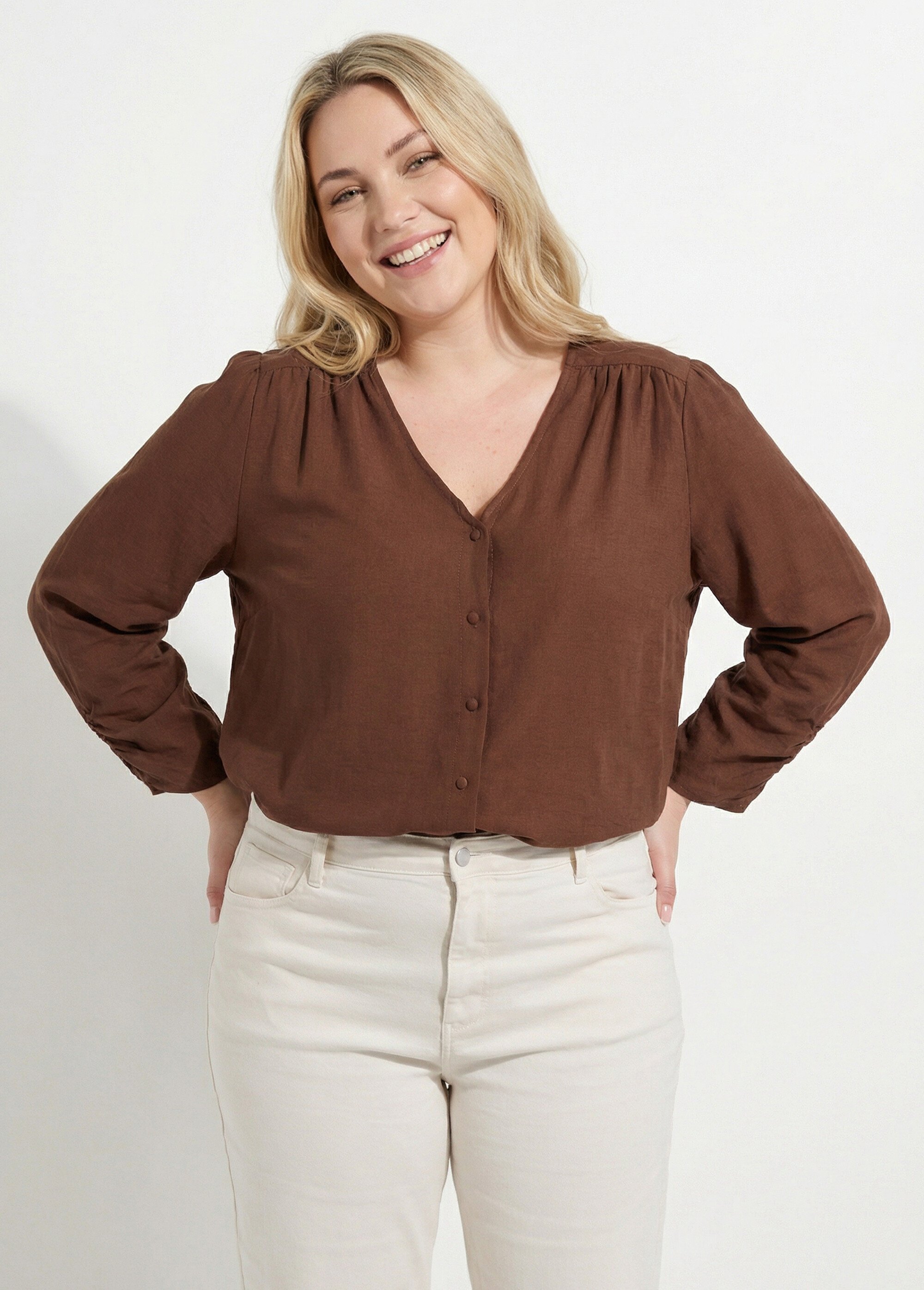 Tunique col V manches 3/4 fantaisie Femme Grande Taille Marron CHY-F304-10 MV1