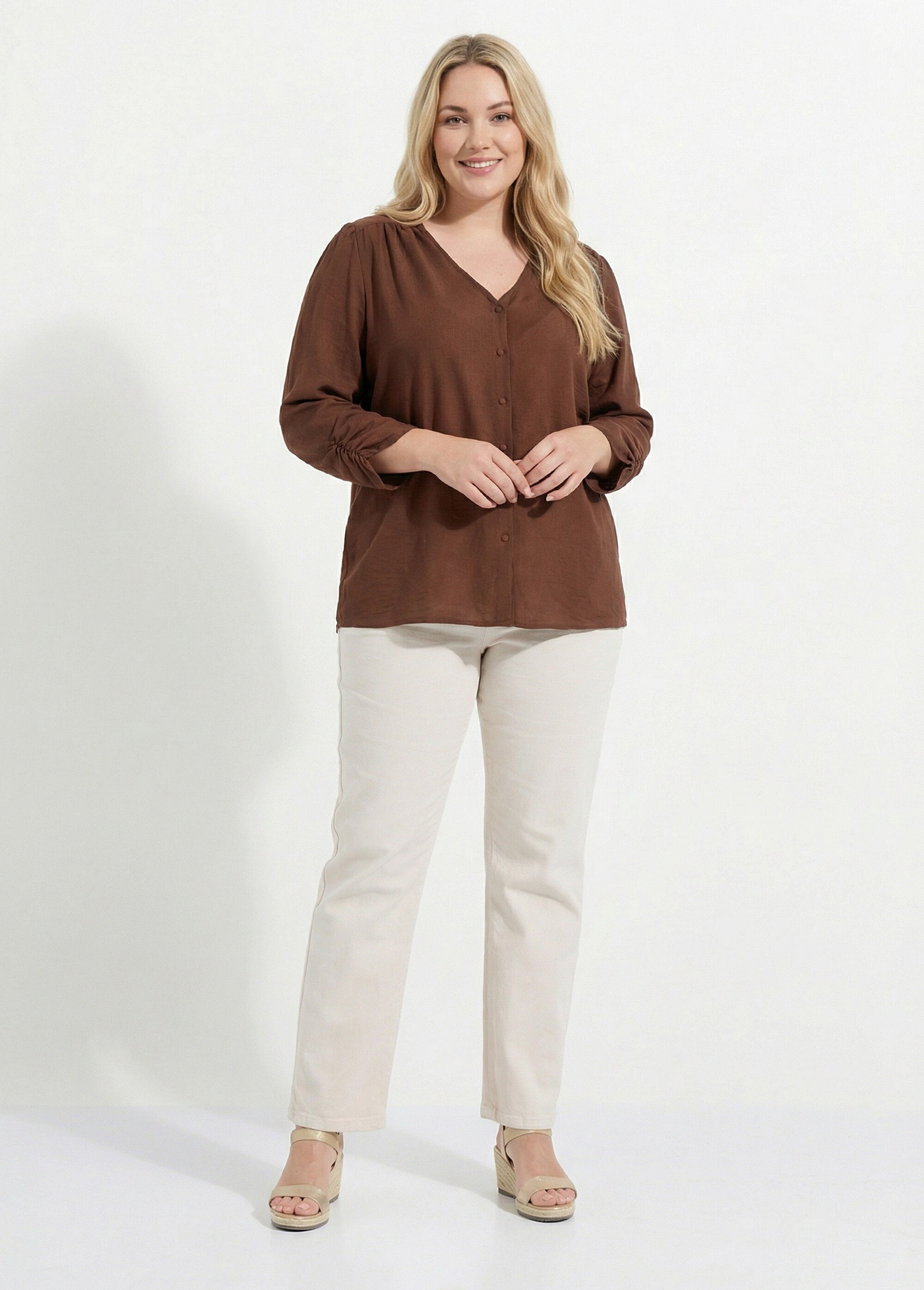 Tunique col V manches 3/4 fantaisie Femme Grande Taille Marron CHY-F304-10 SF1