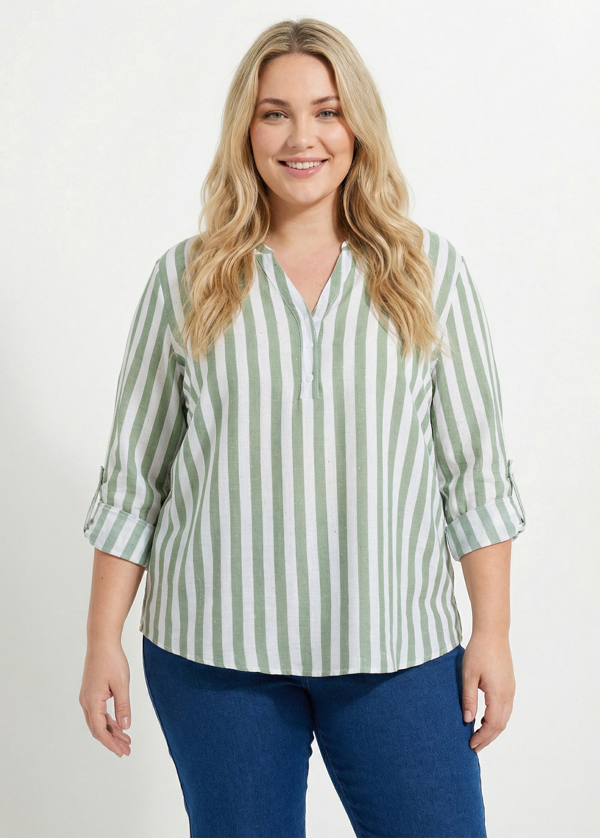 Tunique rayée encolure tunisienne Femme Grande Taille Beige CHY-F647 FA1