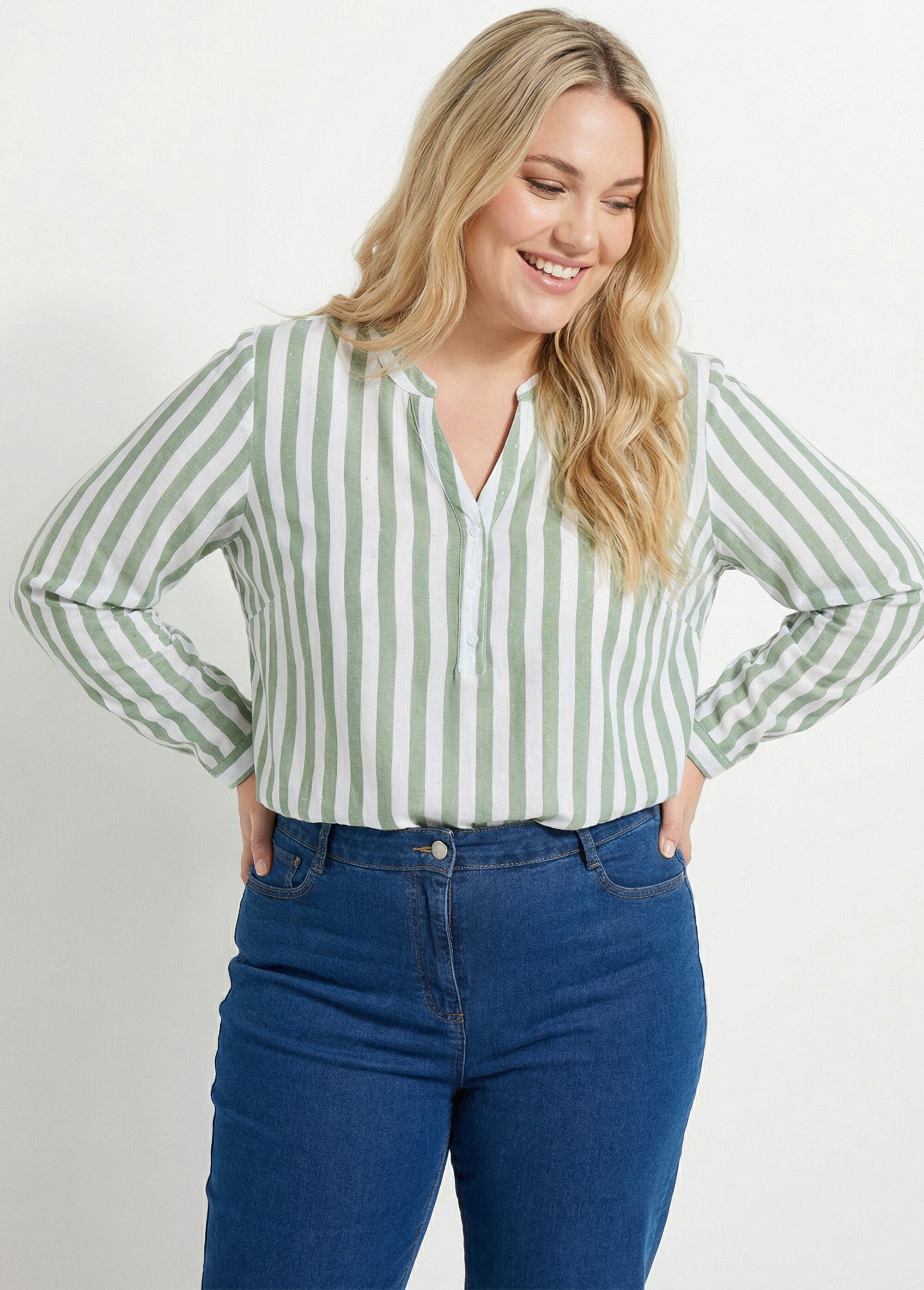 Tunique rayée encolure tunisienne Femme Grande Taille Beige CHY-F647 MV1